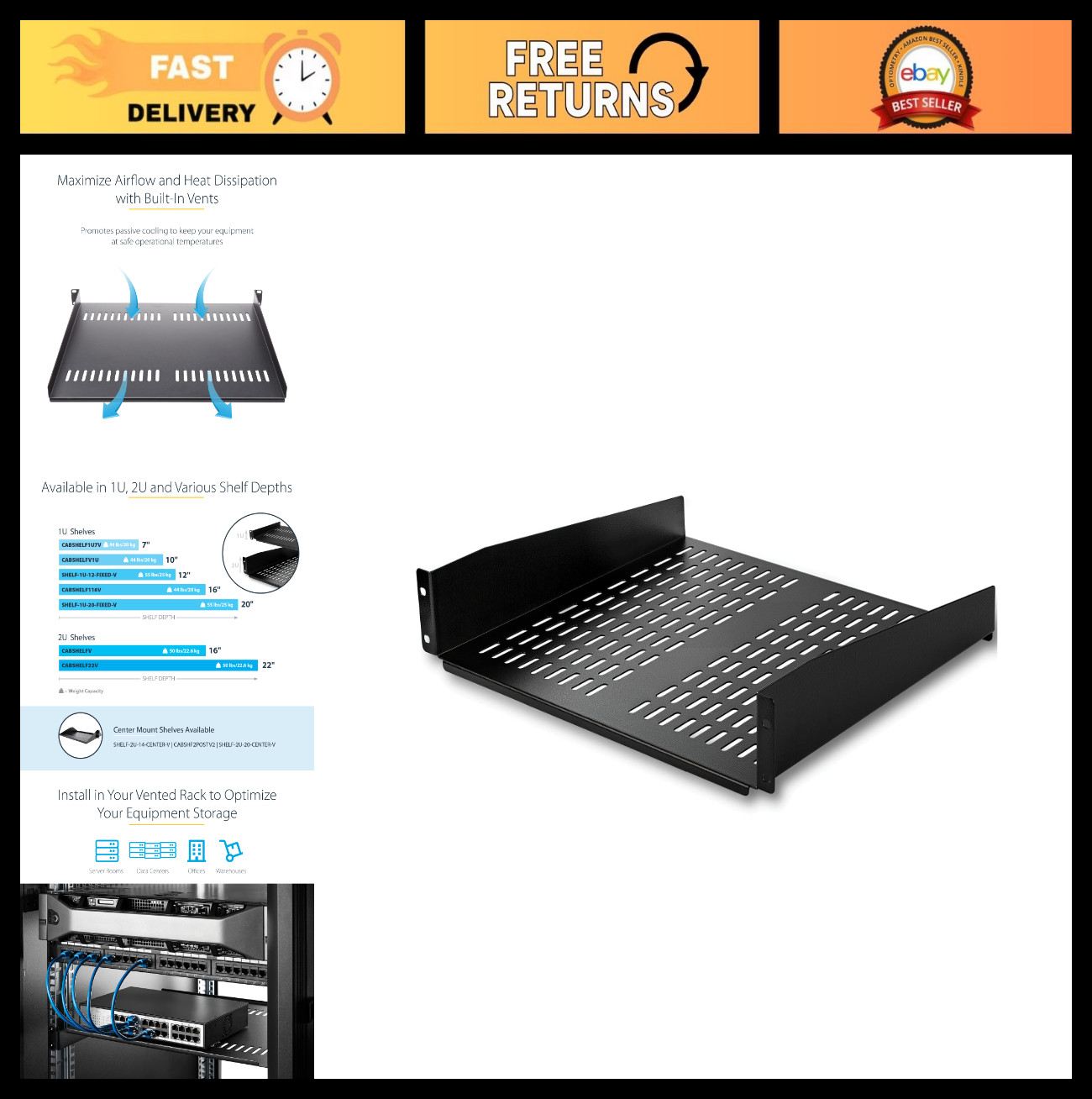 Vented 2U Cantilever Rack Shelf - 16" Deep, 50lb Capacity, TAA Compliant