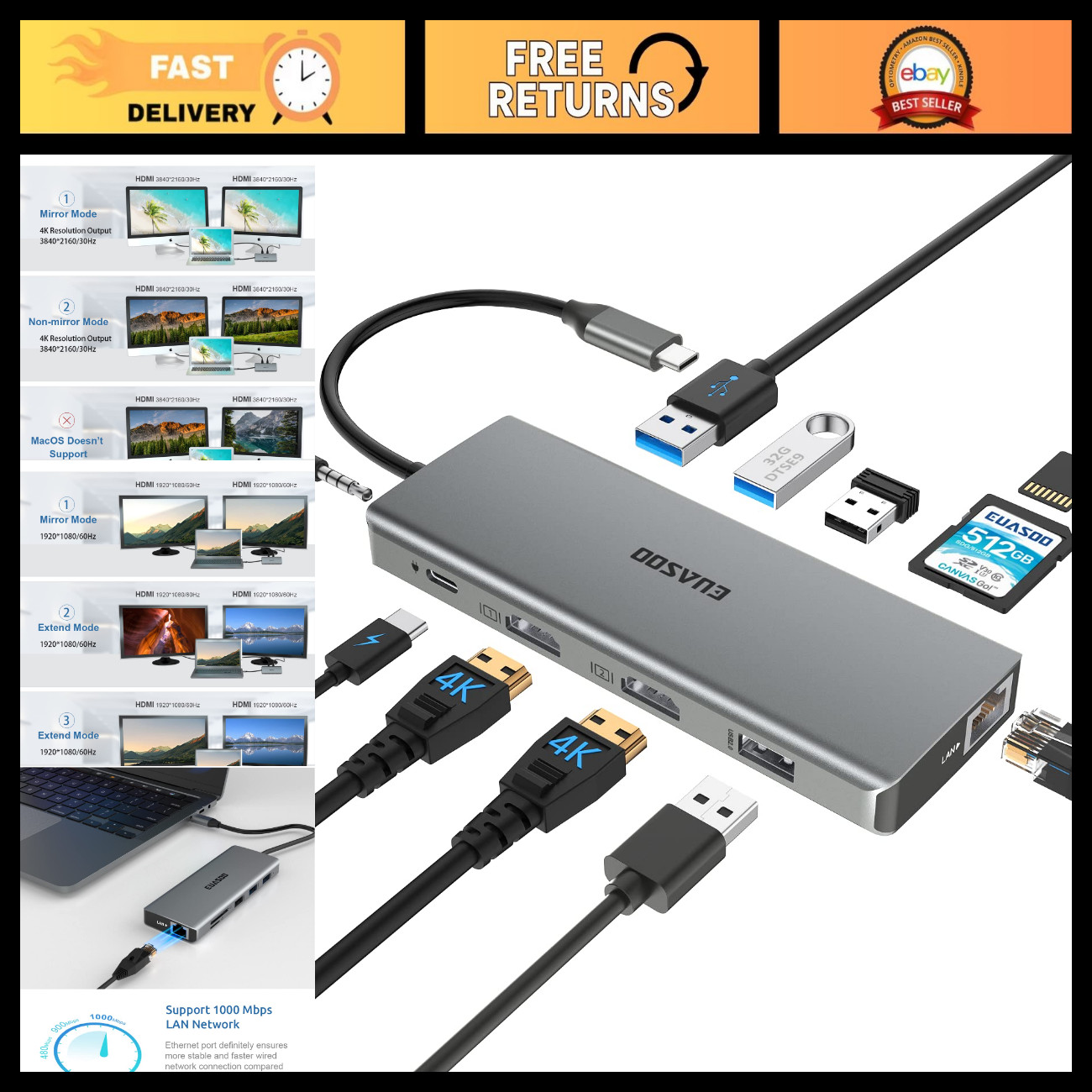 11-in-1 USB C Docking Station, Triple Display, Dual 4K HDMI, Gigabit Ethernet, P