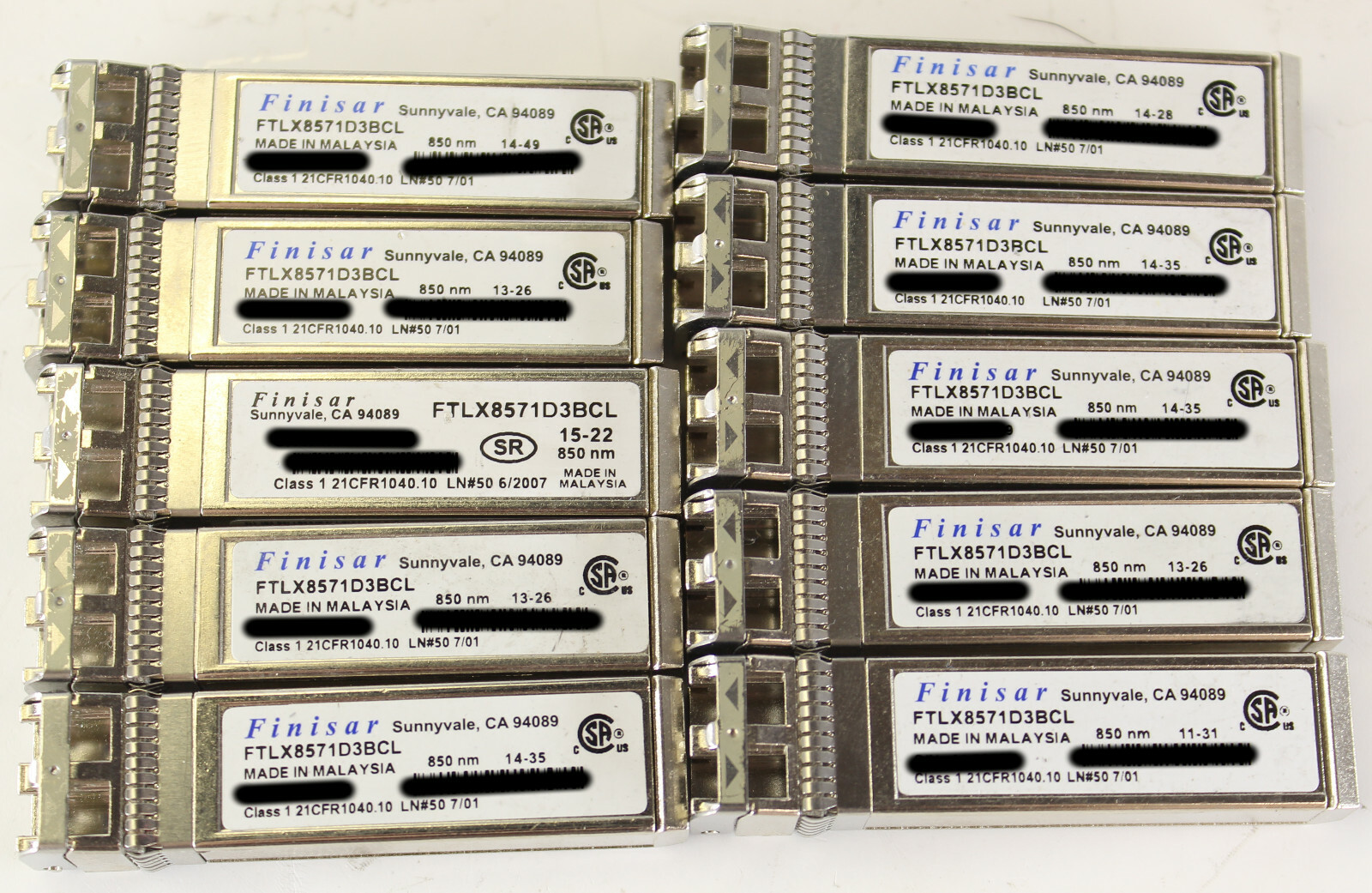 Lot of 10 Finisar FTLX8571D3BCL Class 1 850nm 10Gb SFP+ Transceiver Module
