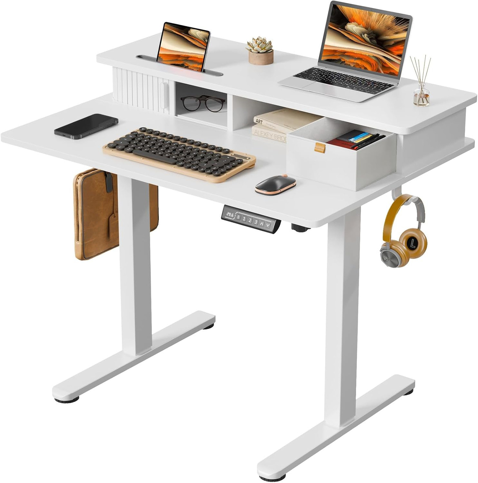 35 Inch Electric Standing Desk with Monitor Stand Storage Height Adjustable