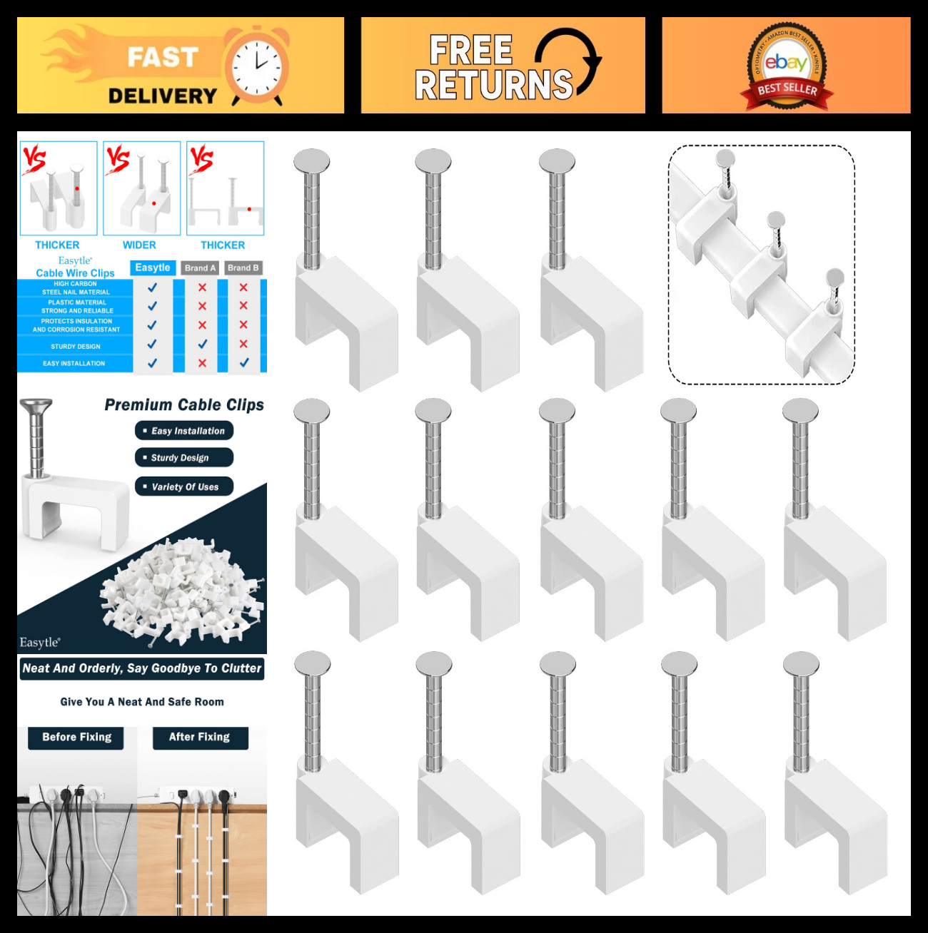 1000 Pcs 8mm Cable Clips for Ethernet, Coax, Speaker Wires - Wall Nail Tacks