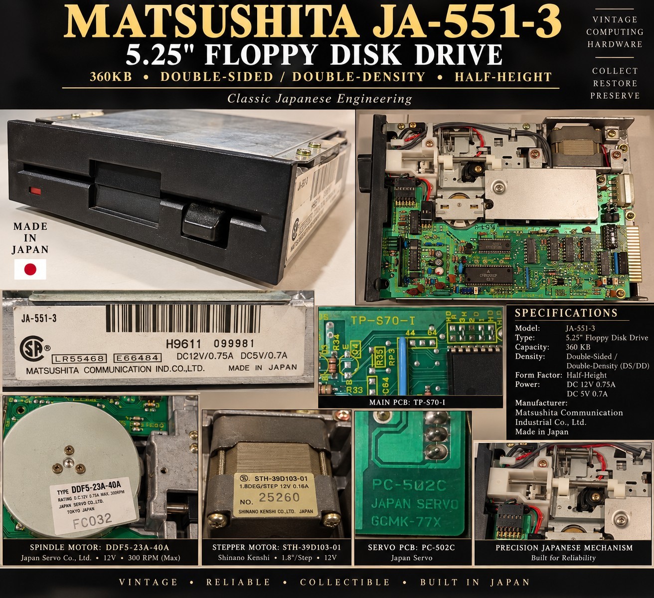 Matsushita JA-551-3 5.25" 360KB DS/DD Floppy Disk Drive Vintage Japan