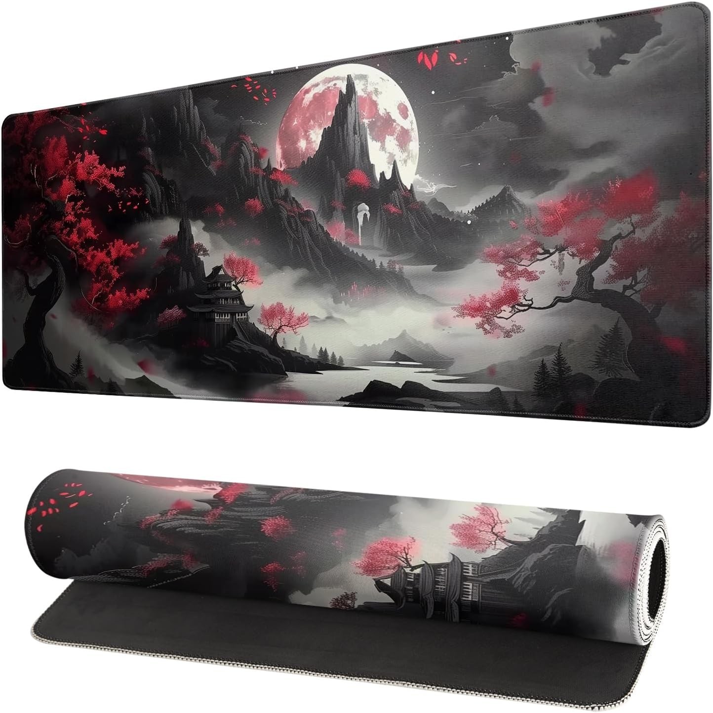 Japanese Desk Mat Red Full Moon Desk Pad Black Riverside Large Mouse Pad Gami...