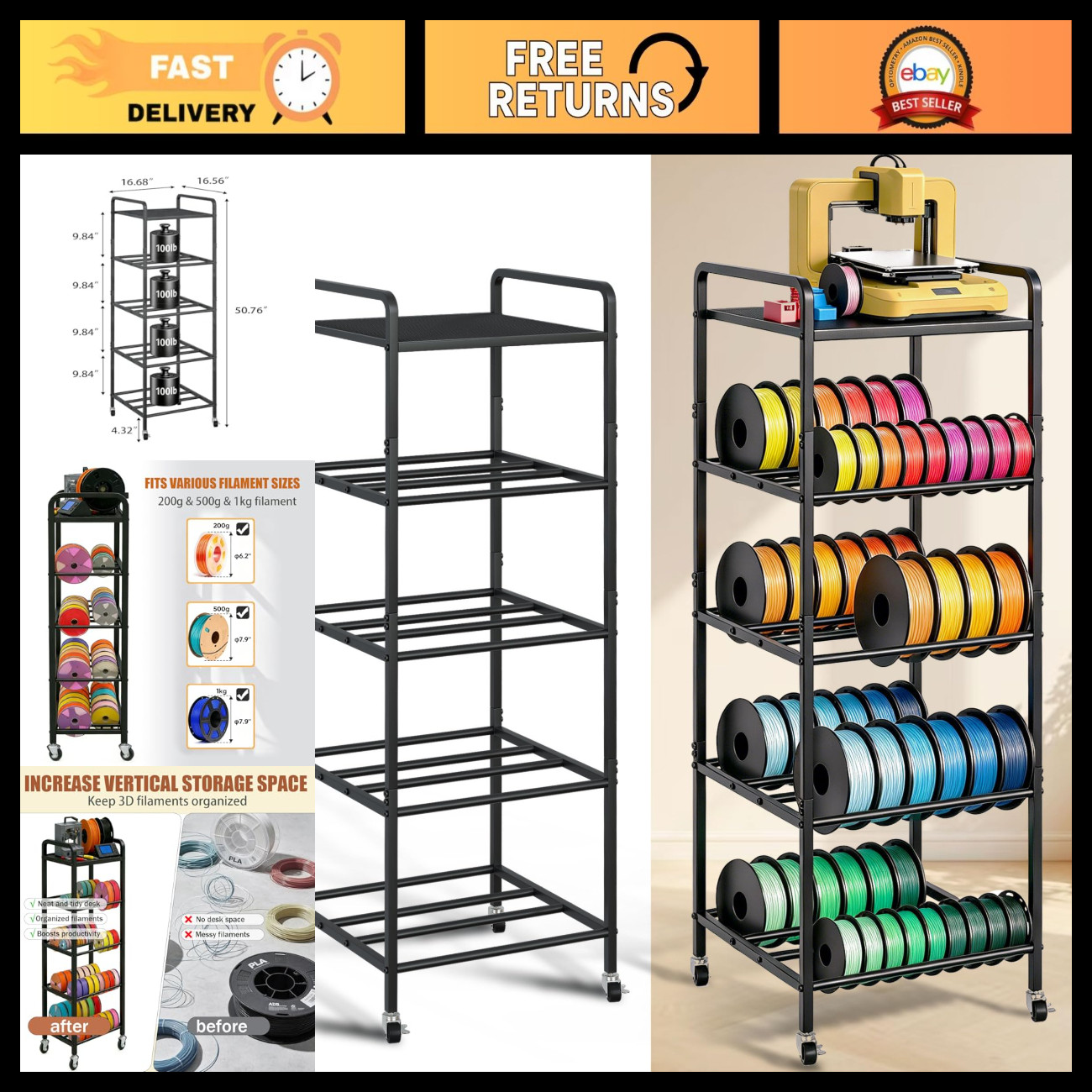 3D Printer Filament Storage Rack on Wheels, 5-Tier Metal Shelf Organizer for PLA
