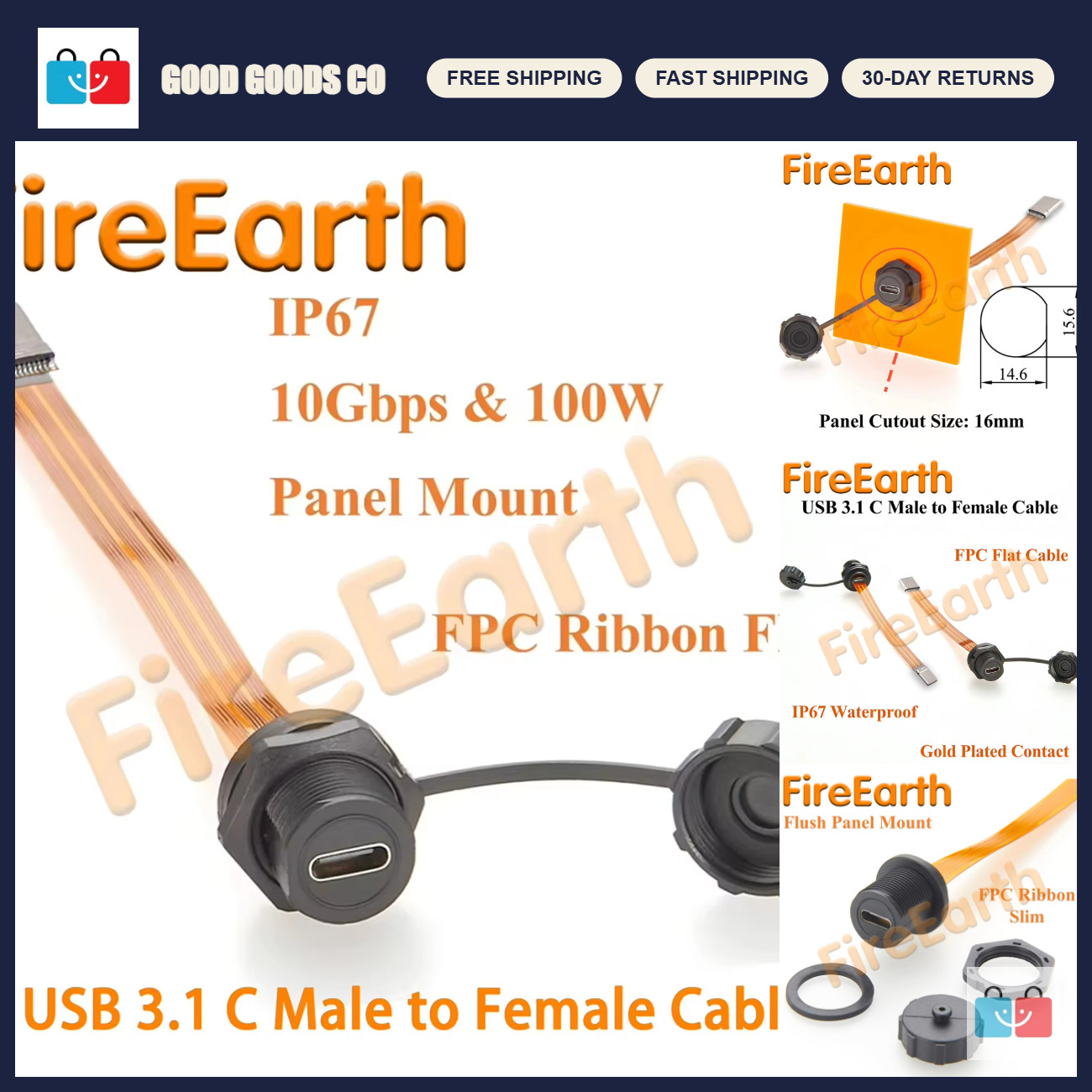 IP67 Waterproof USB 3.1 Type-C Extension Cable 10Gbps Flat Slim Connector 0.2m