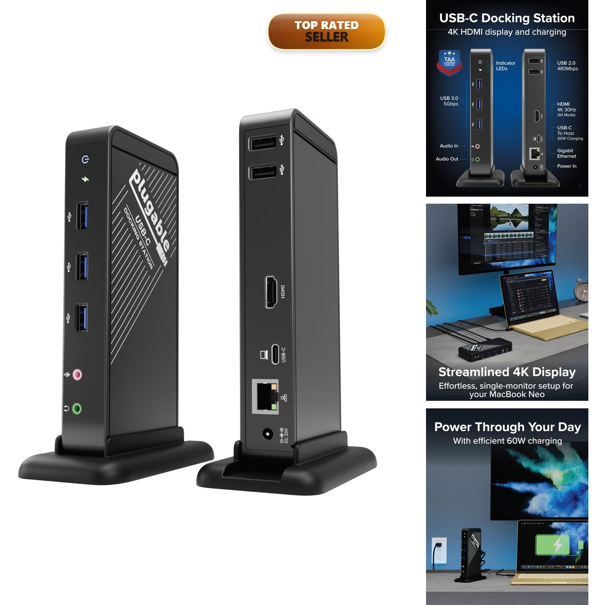 Plugable UD-CA1A USB-C Dock 4K HDMI 60W Charging Driverless