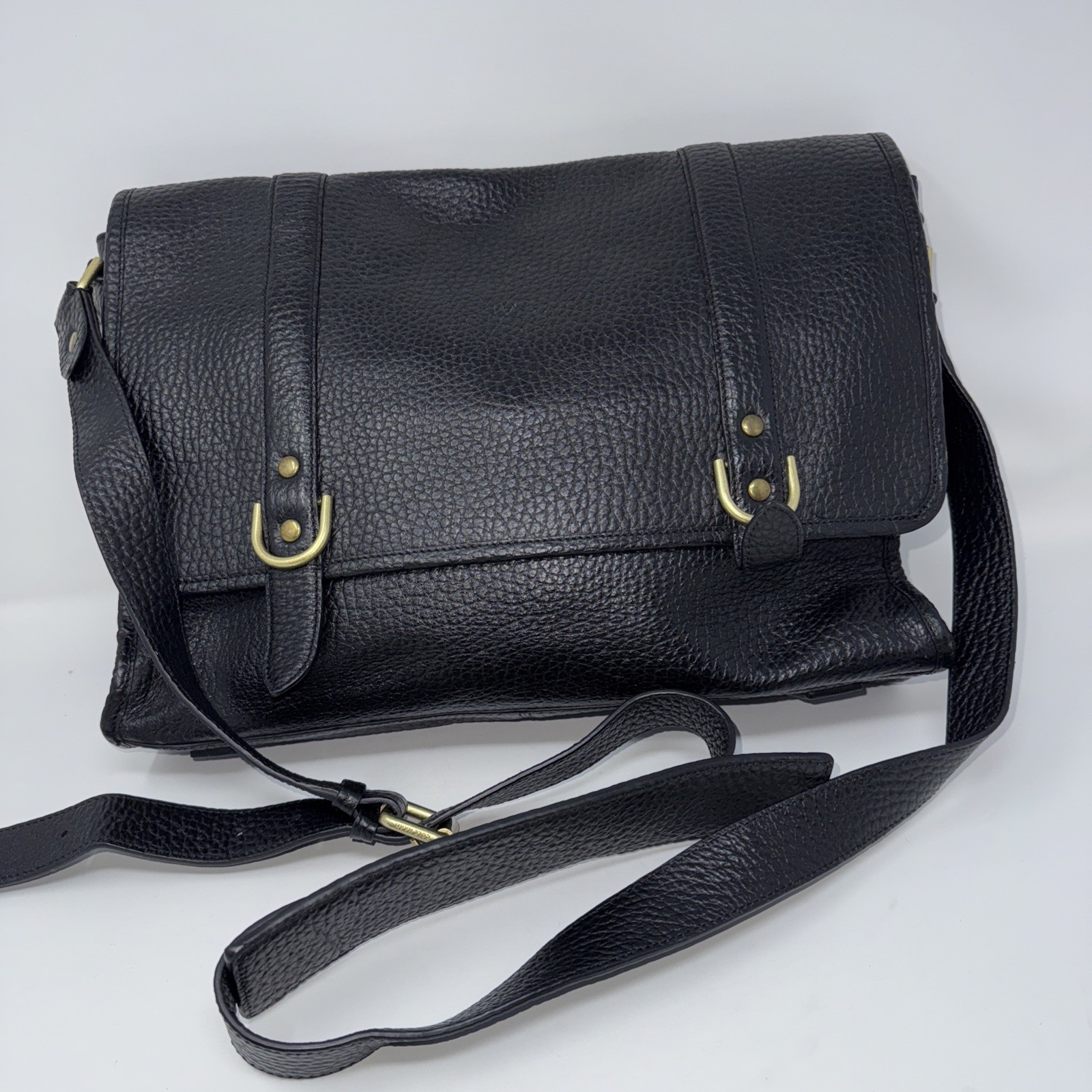 Cole Haan Brayton Black Flap Leather E/W Pebbled Laptop Messenger Bag