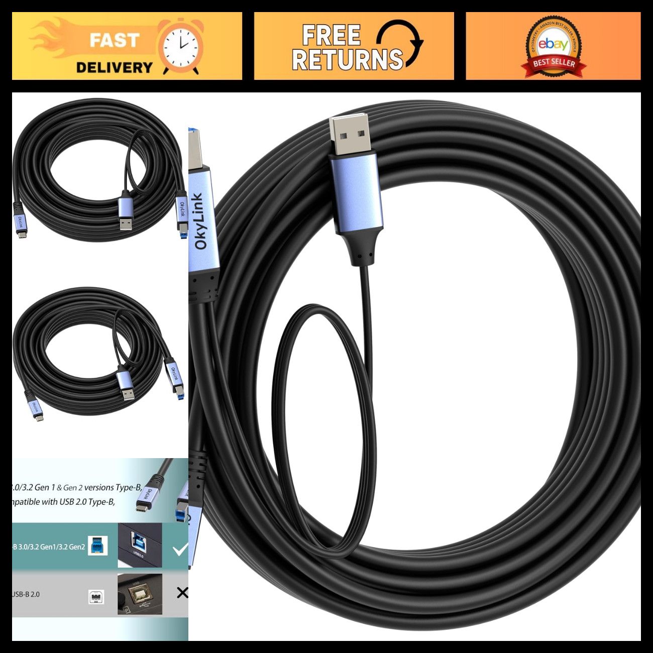 30ft USB 3.0 USB-C to USB-B Cable, Male-Male, 5Gbps High-Speed Data Transfer