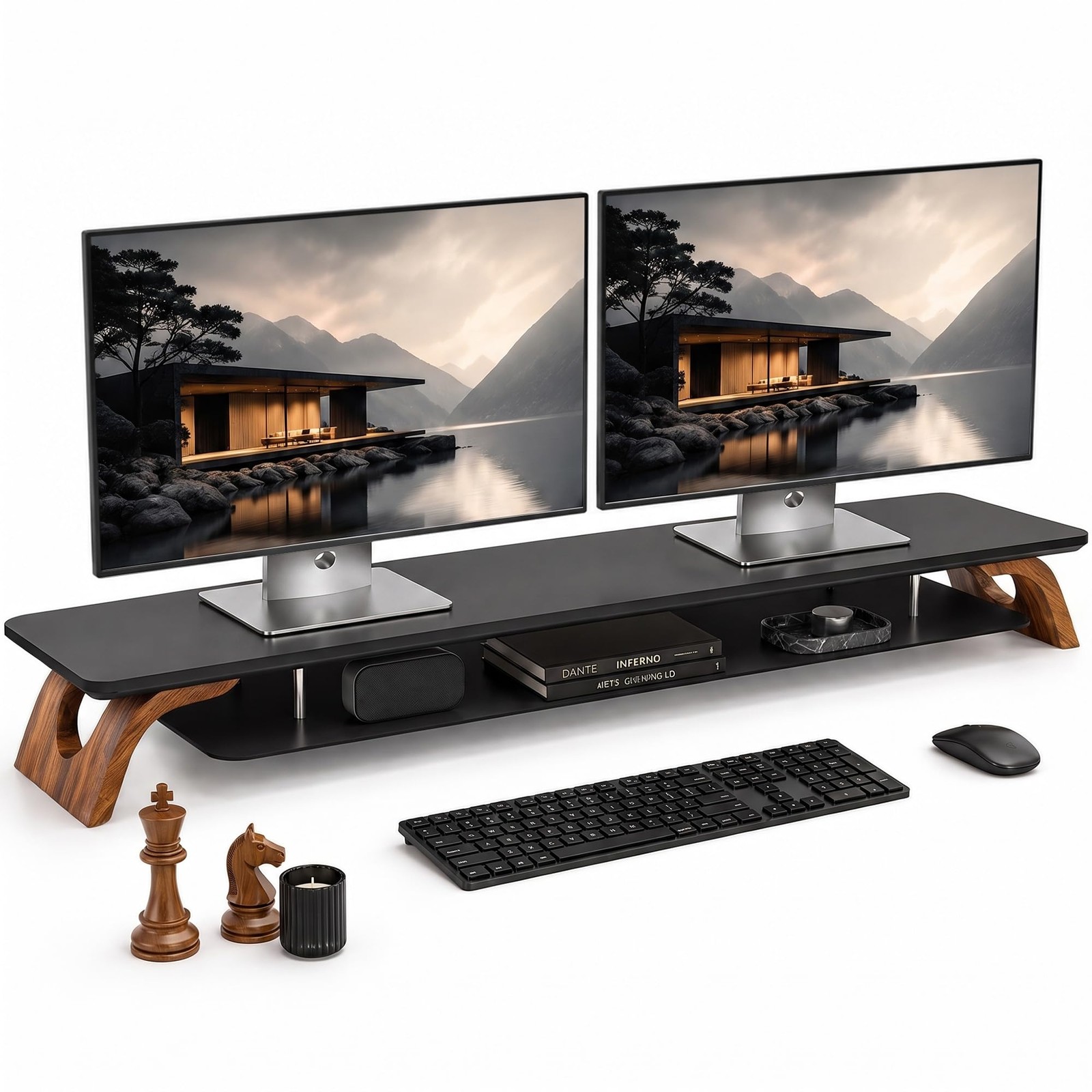 42.5''Dual Monitor Stand Riser for 2 Monitors with Acacia Wood, Black