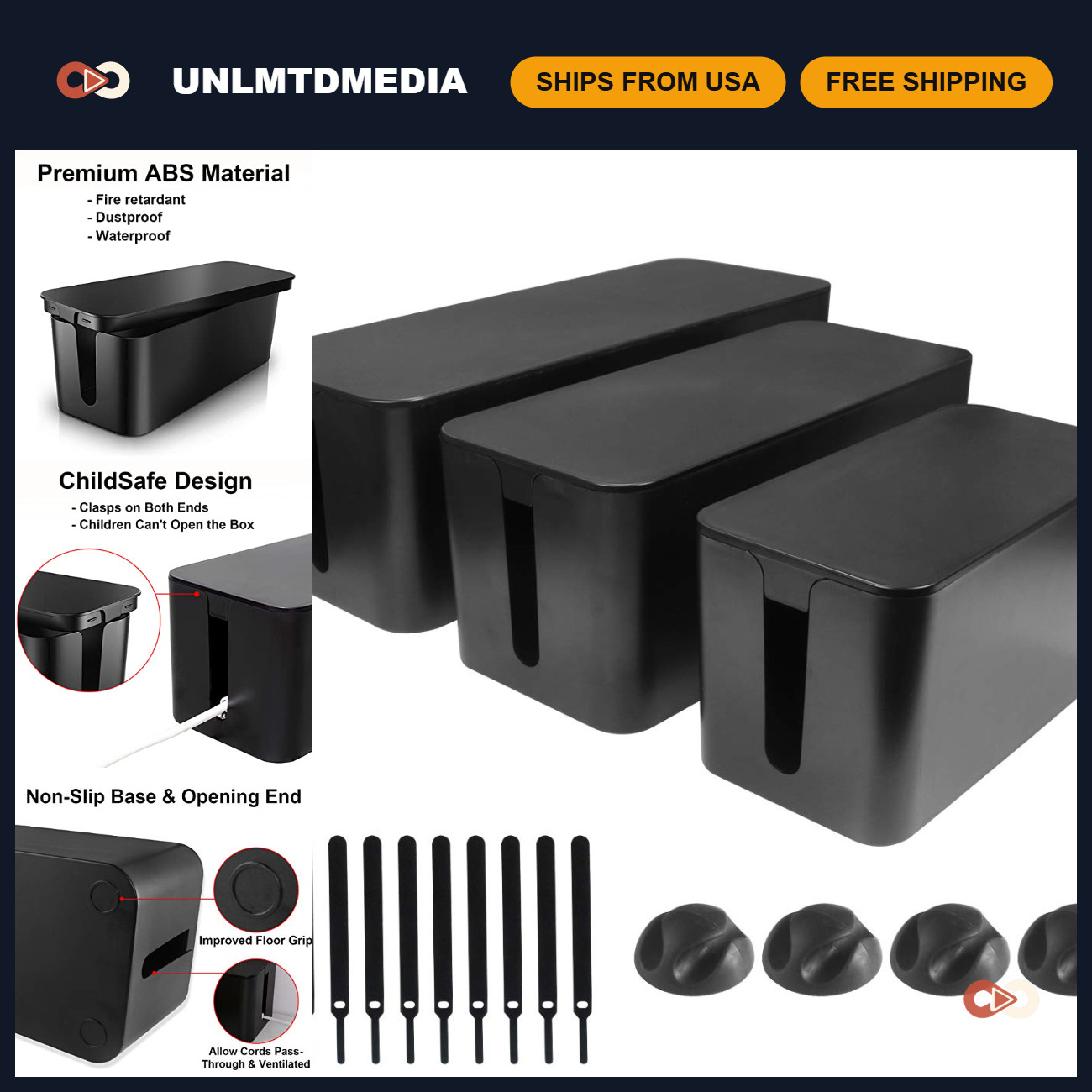 Cable Management Box Set - 3 Pack Cord Hider & Power Strip Cover, Child Safe, Bl
