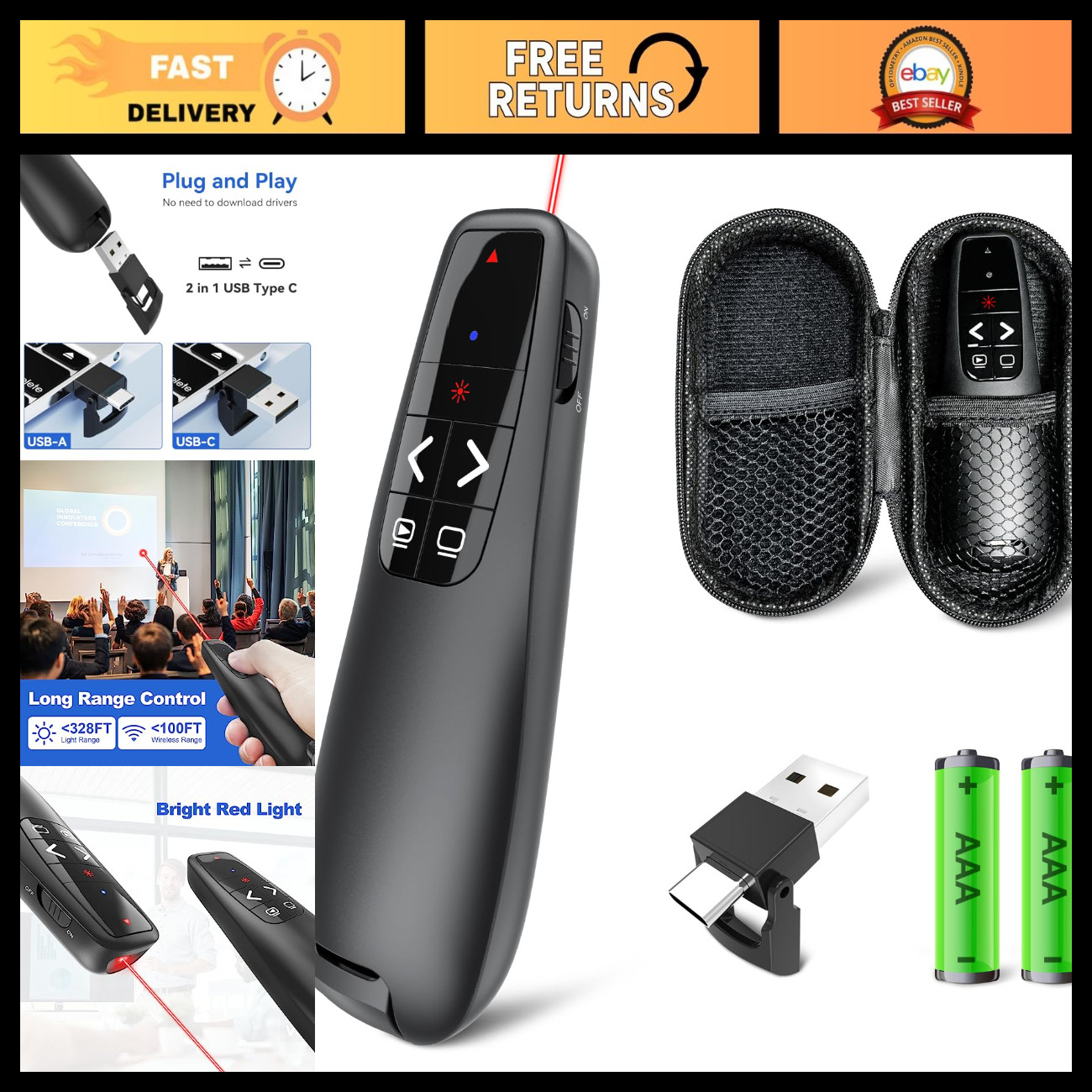 Wireless Presentation Clicker Remote with Case & Red Laser Pointer - Easy Contro
