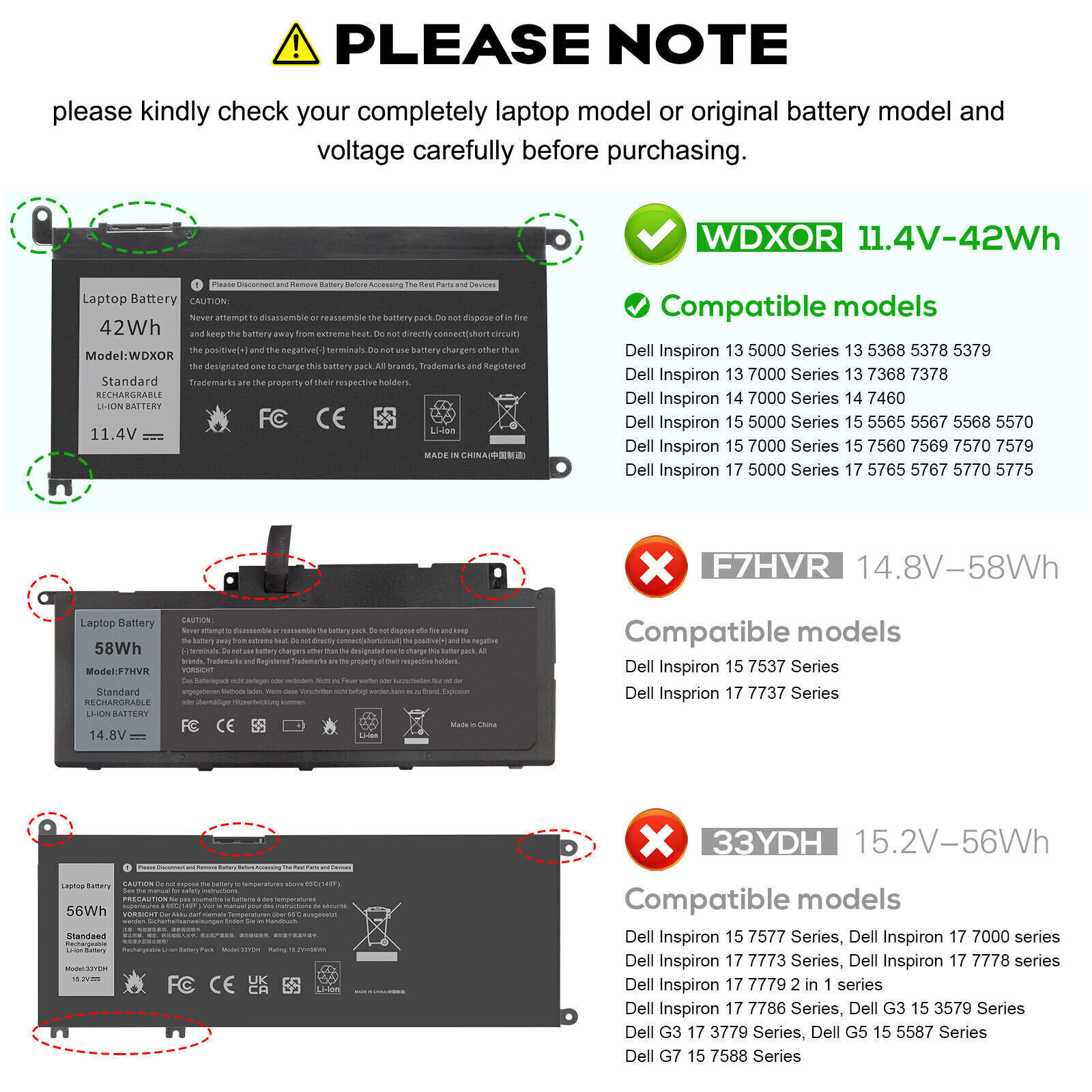 LOT 1-100PCS WDX0R WDXOR For DELL Inspiron Battery 15 5567 5568 13 5368 7368 NEW