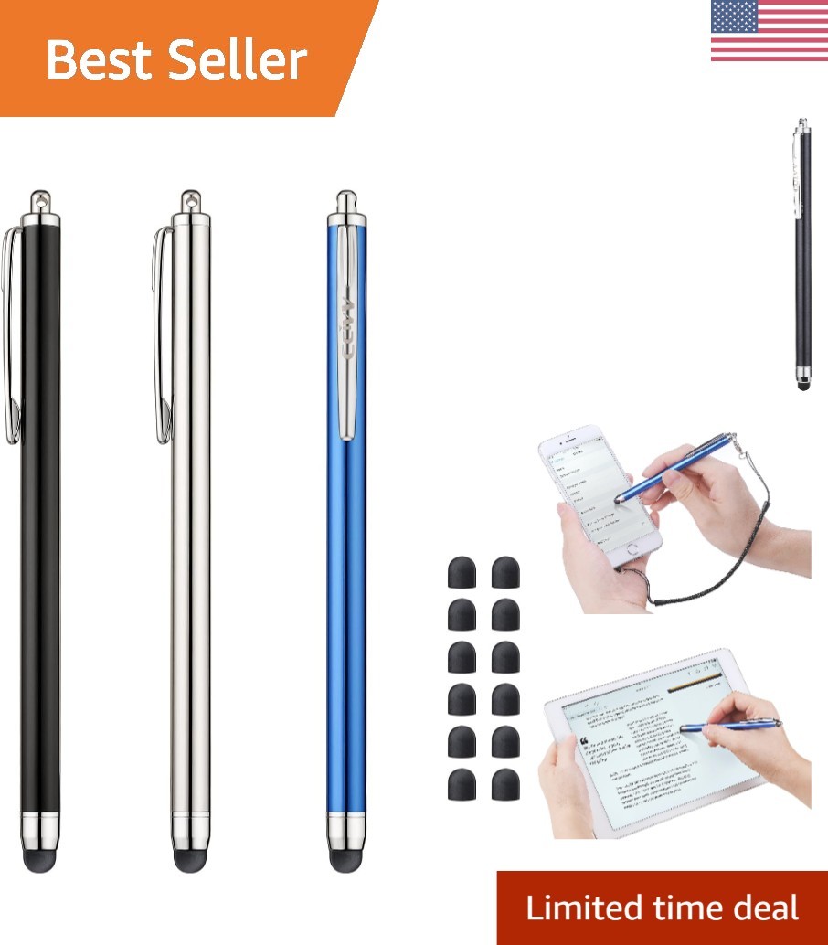 3 Pack Stylus Pens for Touch Screens with 12 Extra Tips in Black/Silver/Blue
