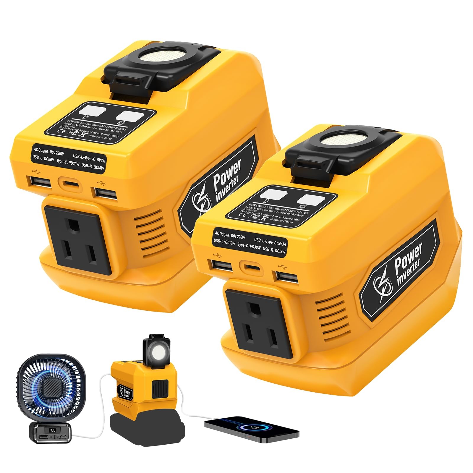 220W Power Inverter for Dewalt 20V Battery, 2 USB Ports, 400 Lumen Light