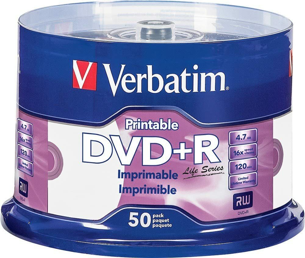 50 VERBATIM Life Series DVD+R 16X 4.7GB White Inkjet Printable Spindle 98492