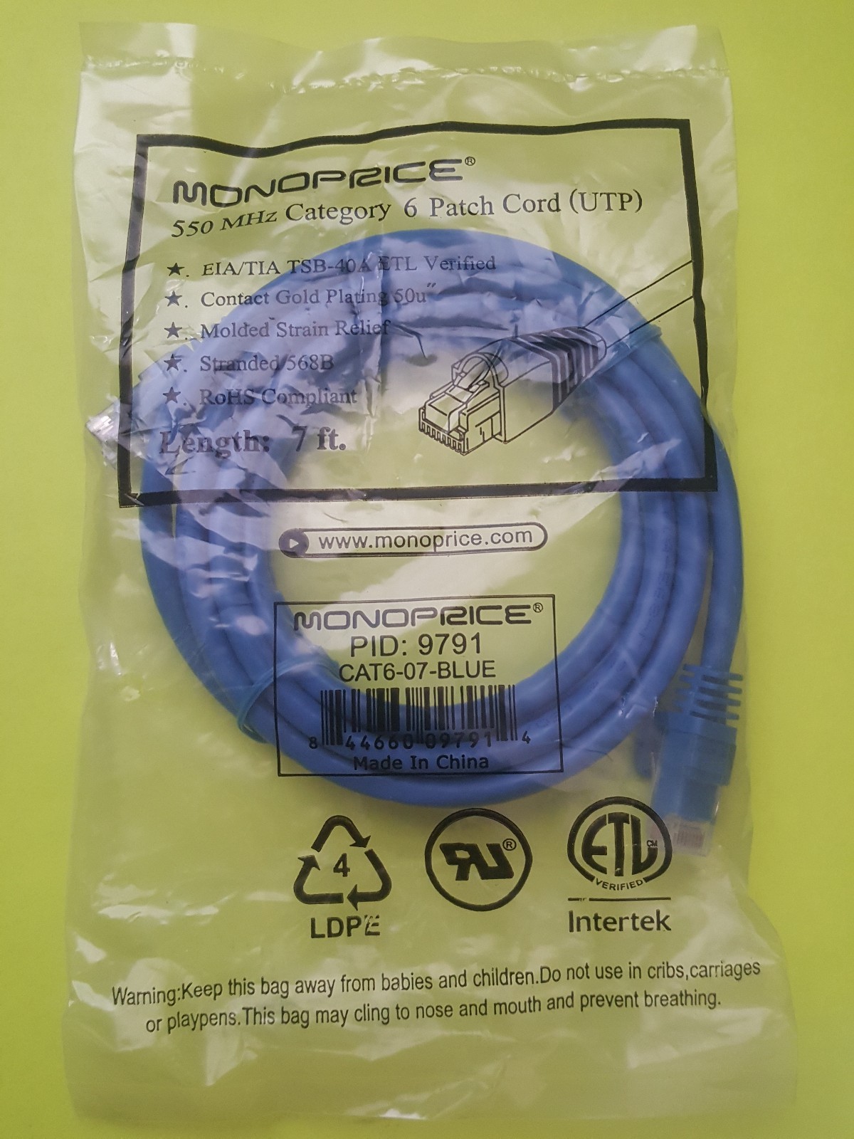Monoprice 7 ft 550MHz Category 6 Ethernet Network Cable - Blue - Patch Cord UTP