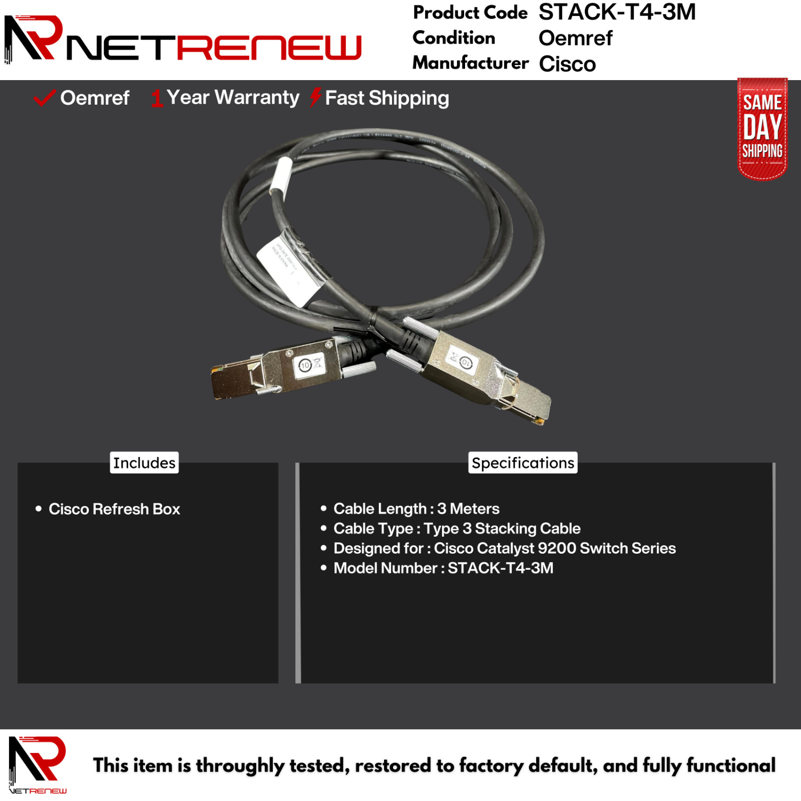 Cisco Refresh STACK-T4-3M   Stacking Cable  StackWise-160 SPF+ for C9200/C9200L