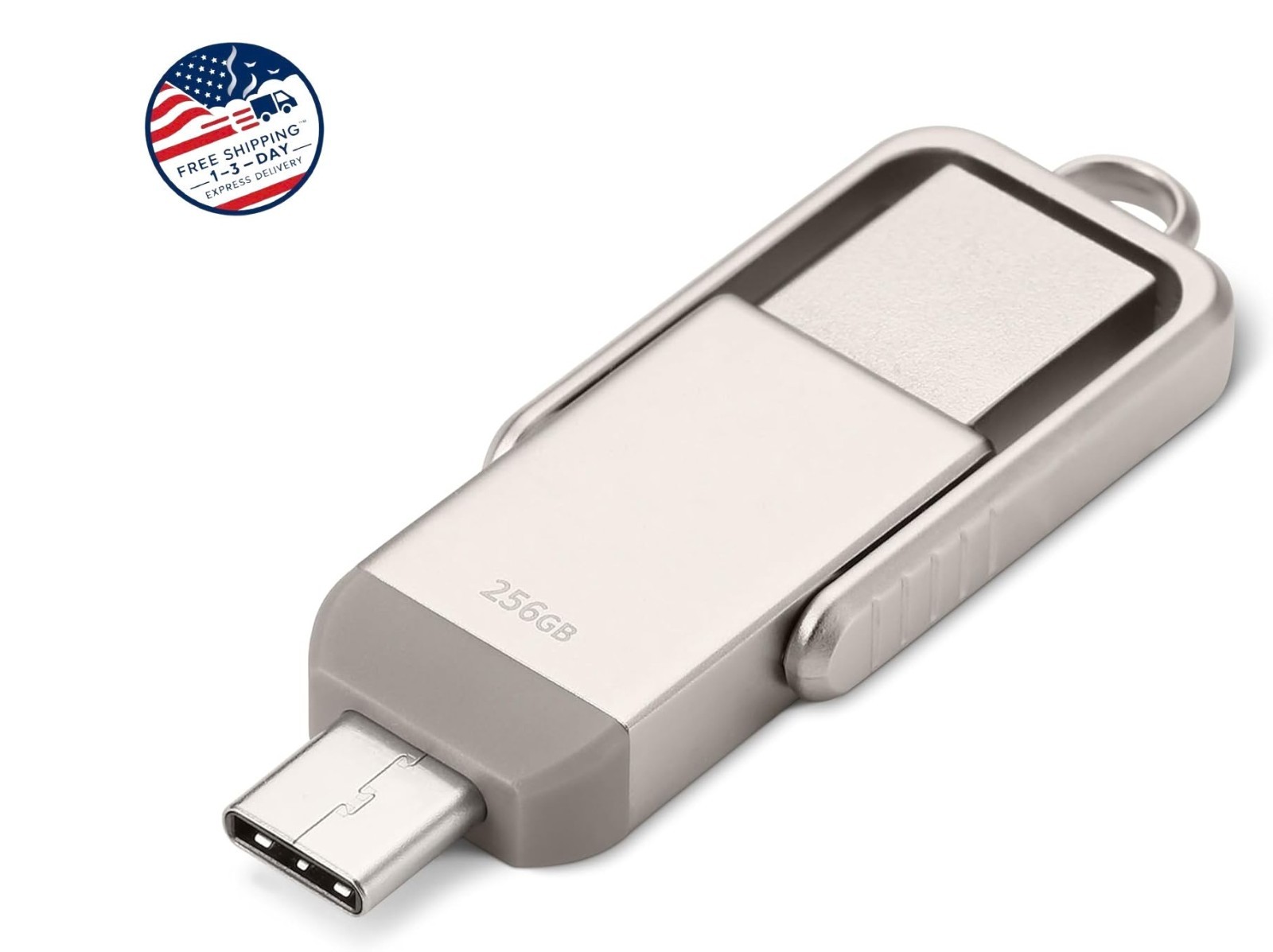 Memoria USB de 256 GB, pendrive con puertos USB-C y USB-A, color plata champán.