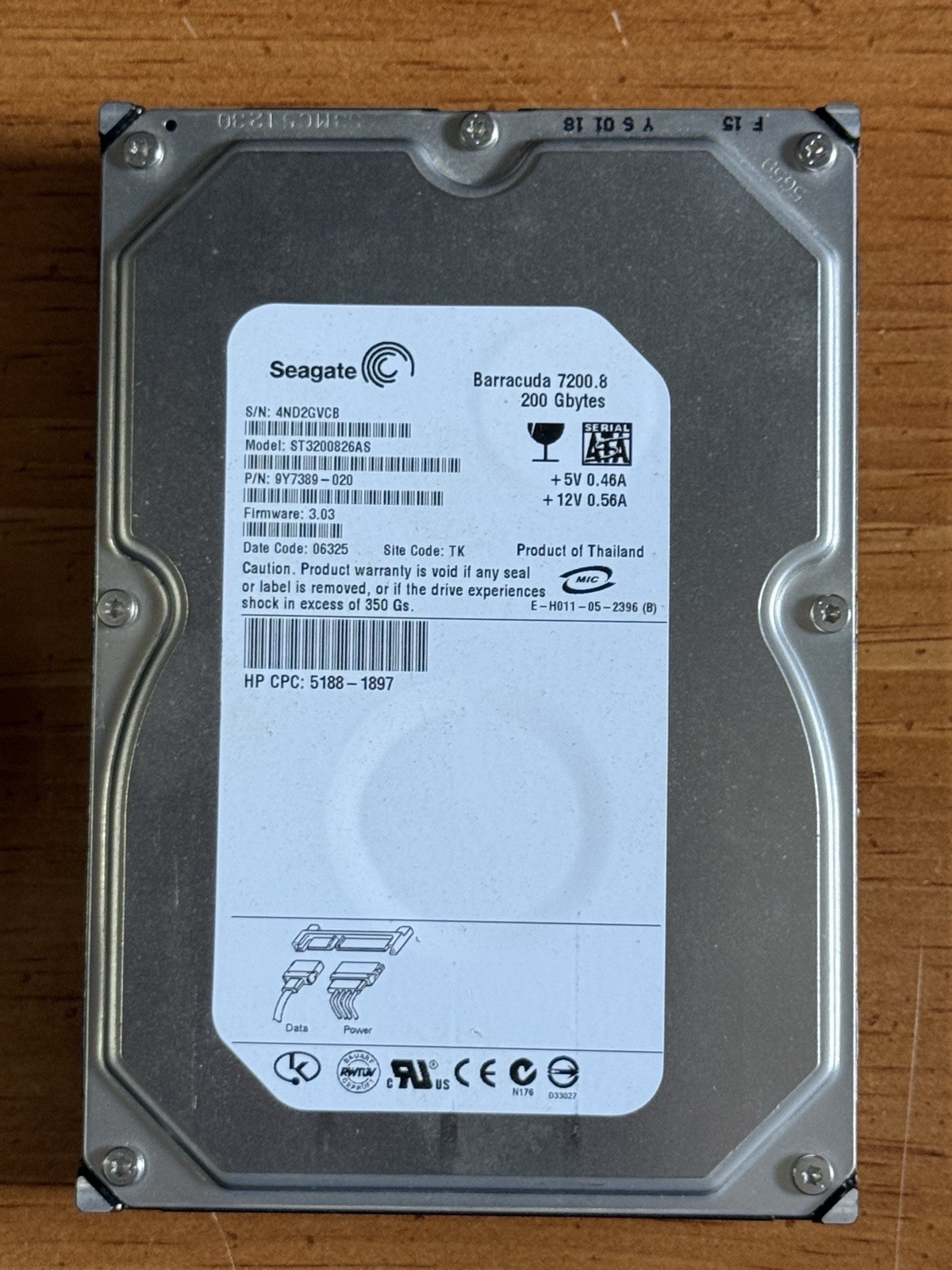 SEAGATE ST3200826AS 9Y7389-020 200GB Firmware 3.03 Code 06325 SATA 3.5" HDD