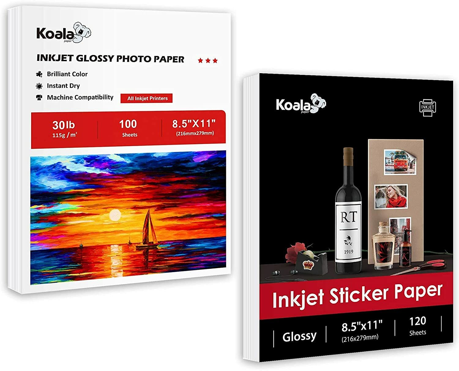 220 Sheets Koala Photo Paper 8.5x11 Glossy + Sticker Paper for Inkjet Printers