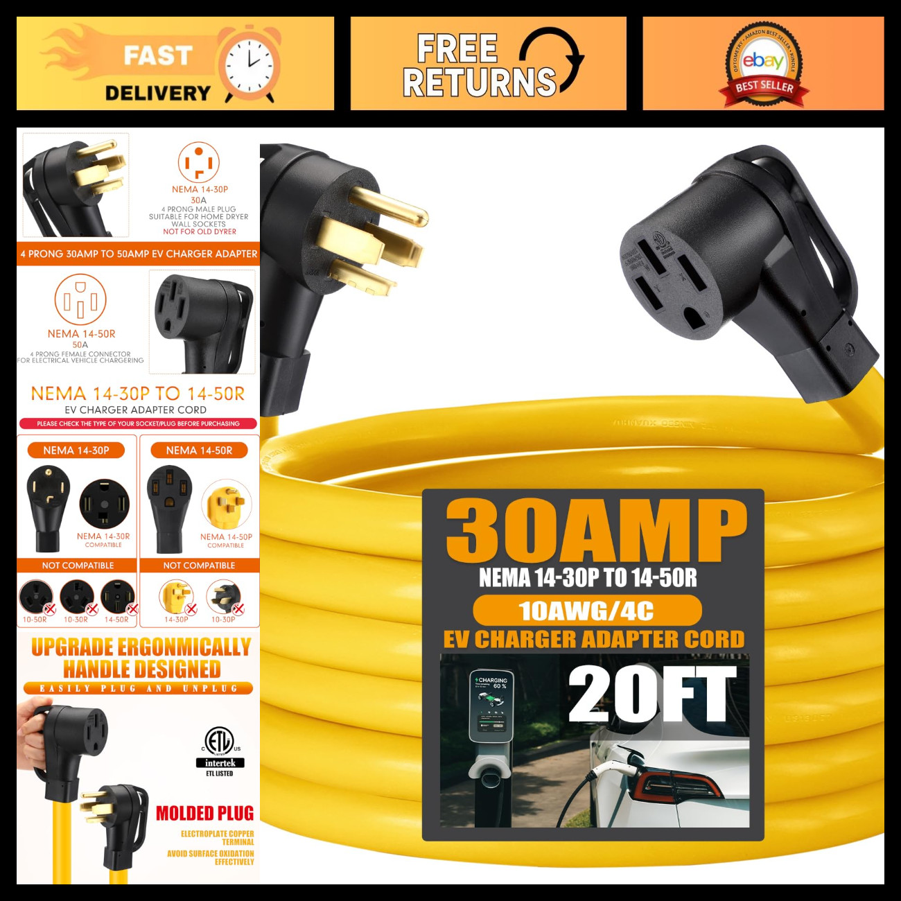 20ft NEMA 14-30P to 14-50R EV Adapter Cord, 30A to 50A Power Connector