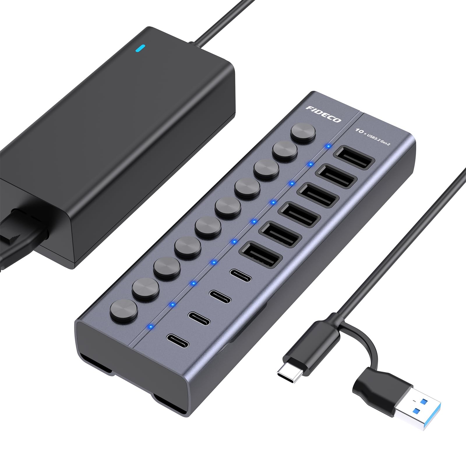 FIDECO 60W Powered USB Hub for Laptop and PC, 10-Port 10Gbps Silver