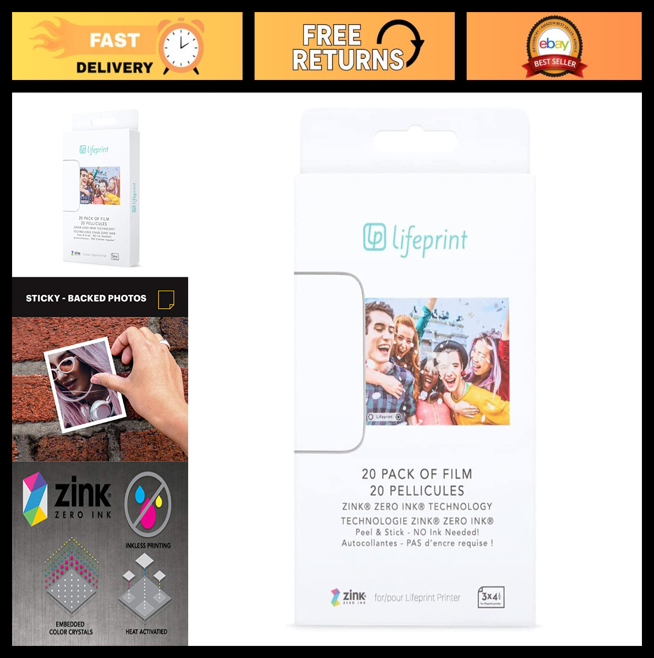 20 Pack Zero Ink Sticky Backed Film for Augmented Reality Photo & Video Printer