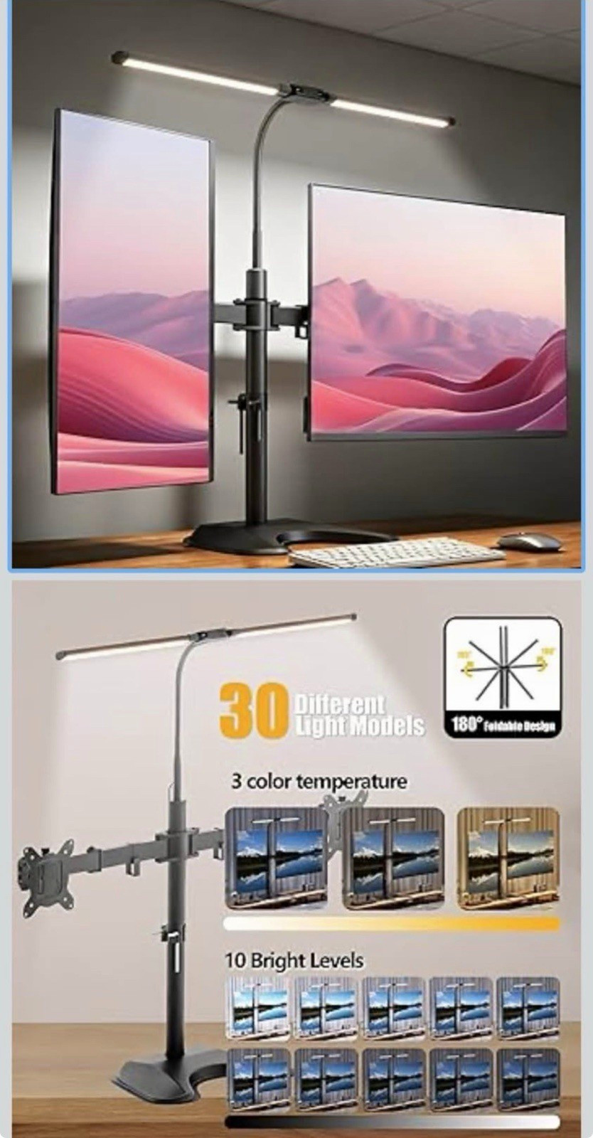 Dual Monitor Stand with Light Bar, Height Adjustable, Tilt/Rotate, VESA 75/100