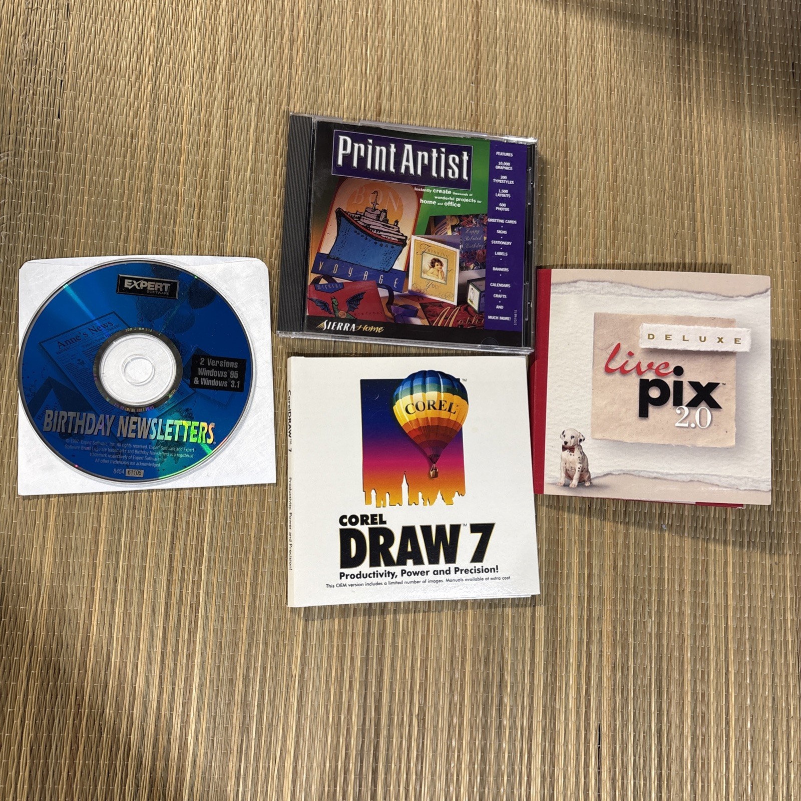 COREL DRAW 7 2 CD (2 Disk) 1998 plus Live pic 2.0 deluxe + Print artist lot of 4