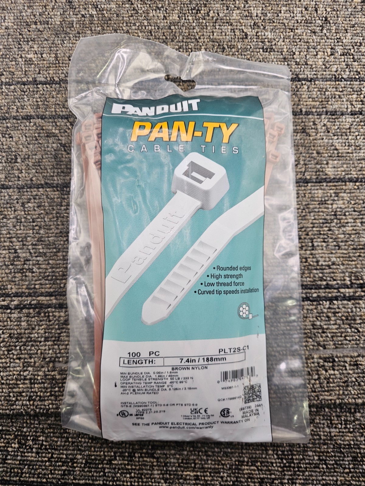 (QTY 100) Panduit PLT2S-C1: Cable Tie 188mm 4.80mm Brown