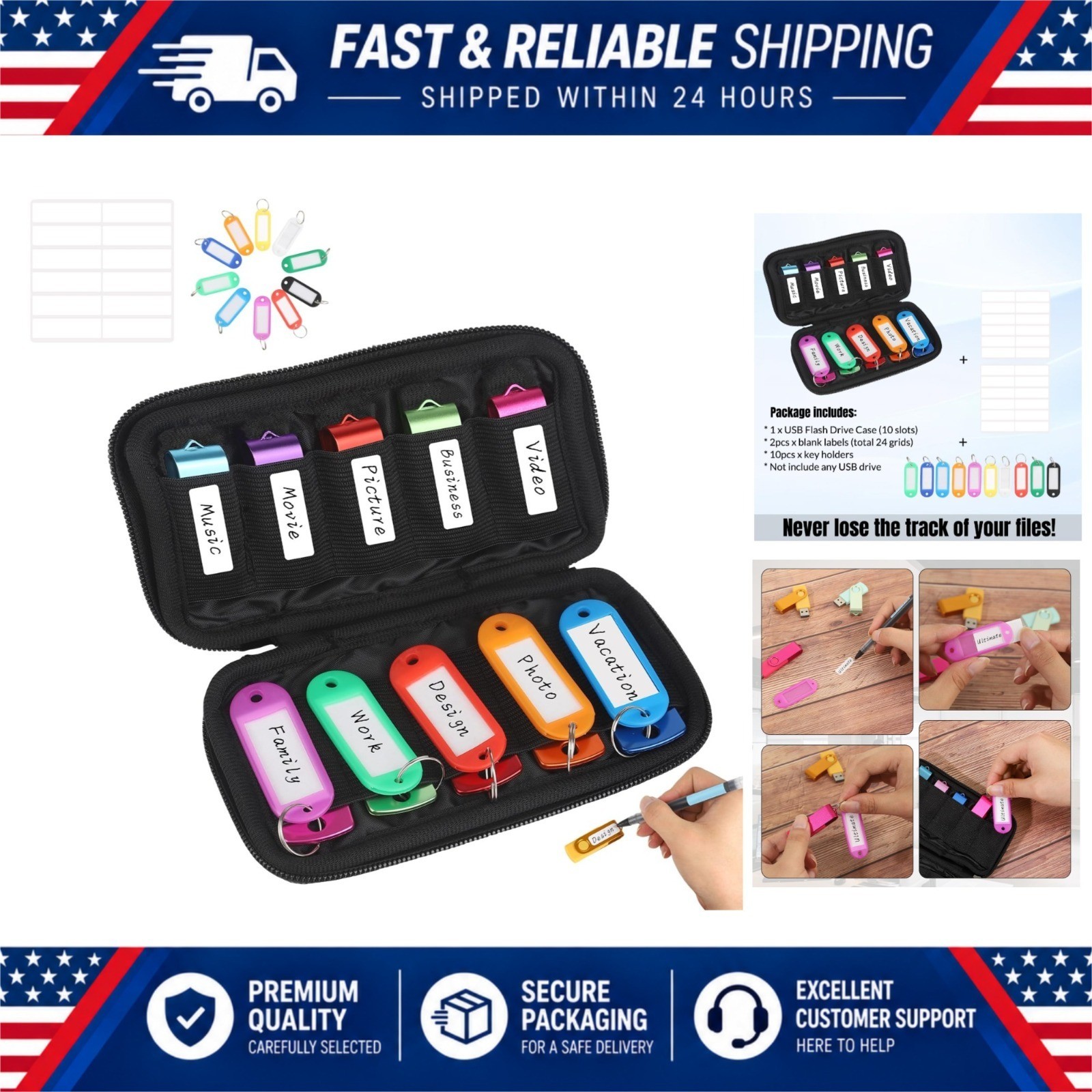 USB Flash Drive Case Organizer 10-Slot Thumb Drive Holder with Labels & Keytags