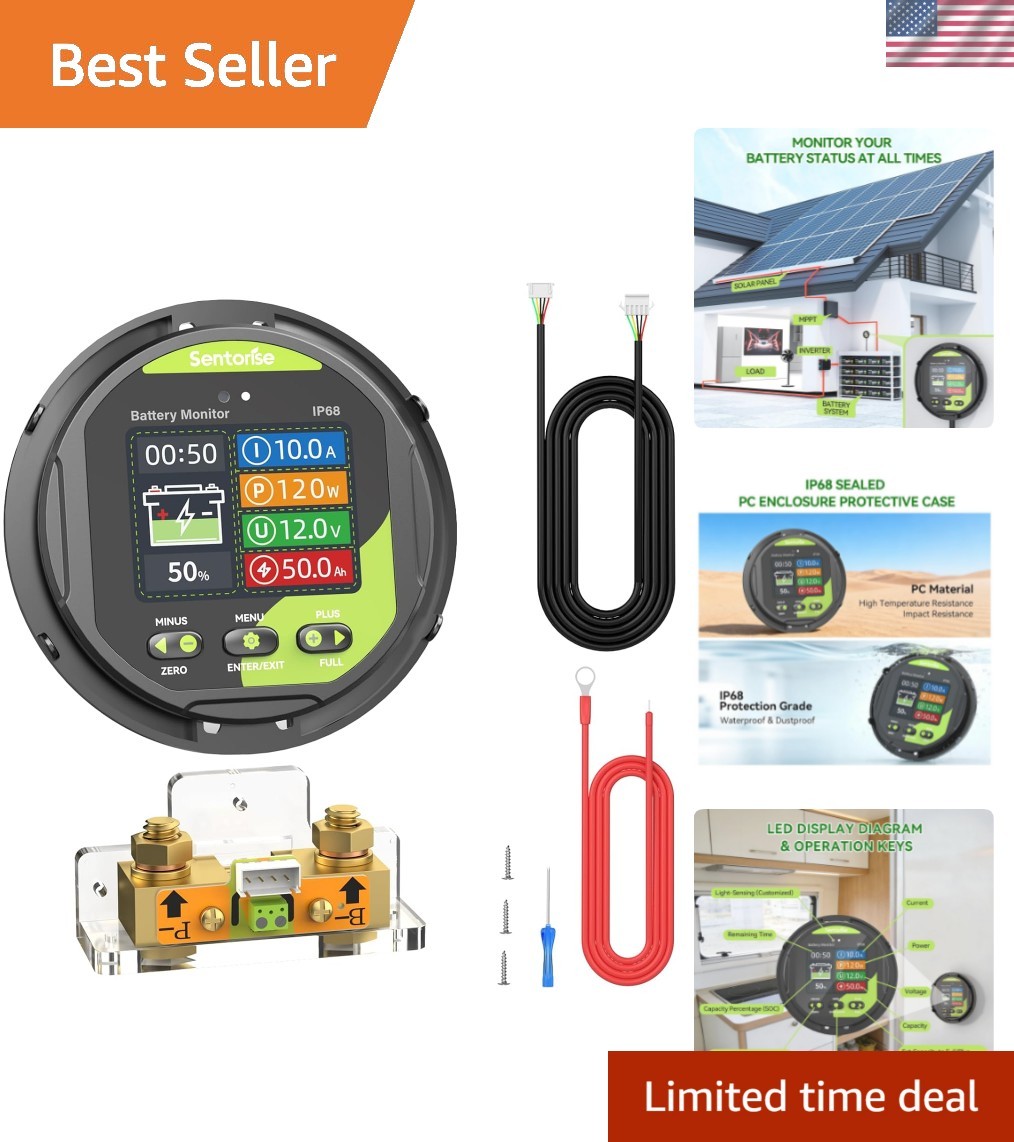 0-500A Battery Monitor with Shunt, 8-120V  Waterproof LCD Screen with Buzzer ...