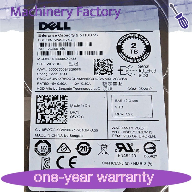 1PCS FVX7C 0FVX7C for Dell ST2000NX0433 2TB 7.2K RPM 12Gb/s 2.5"SAS SERVER Hard