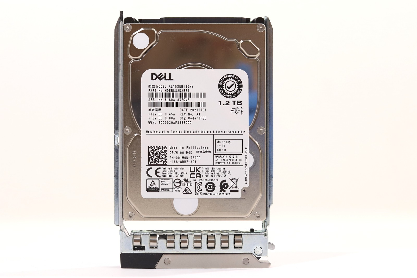 Dell AL15SEB120NY 1.2TB 2.5" 12Gb/s 128MB 10K RPM SAS HDD W/Caddy DP/N: 001M0D