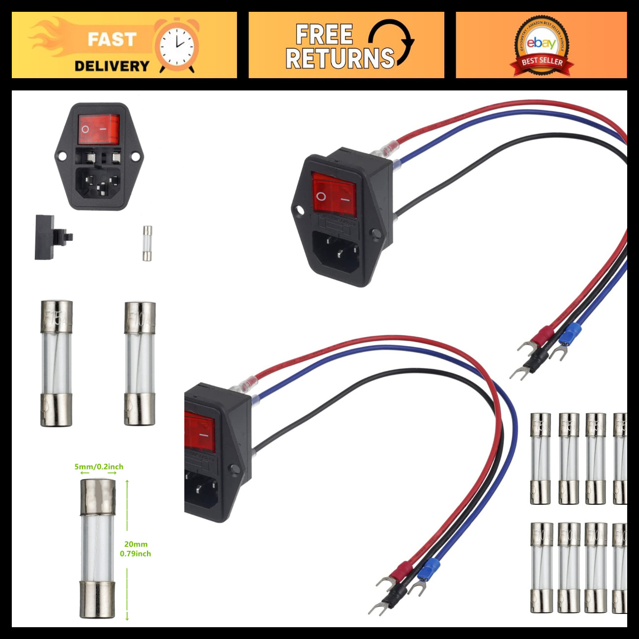 3D Printer Power Switch Module, IEC320 C14 Plug, 10A 250V Socket, 2-Pack