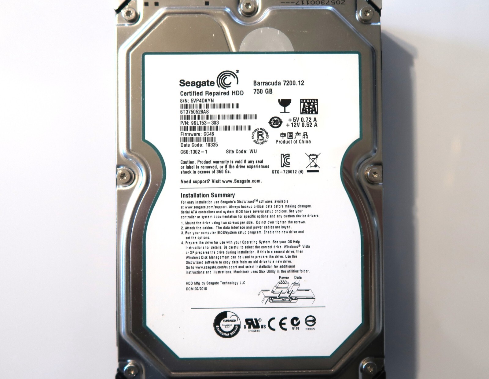 Seagate ST3750528AS 9SL153-303 CC46 (5VP) China WU 750gb 3.5" Sata HDD 02/2010
