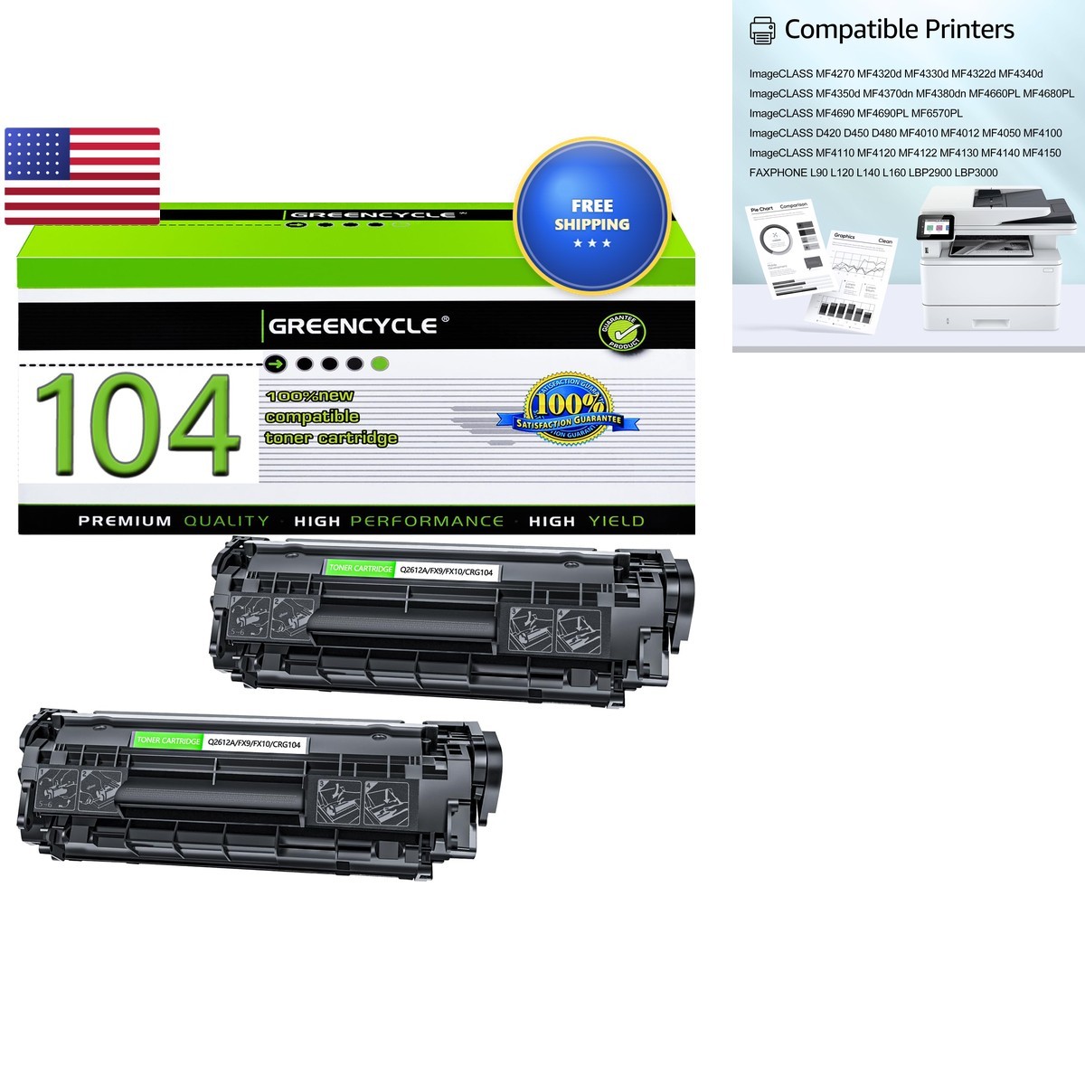 Greencycle 2 Pack C104 CRG104 FX9 FX10 Canon 104 Black Toner Cartridge MF4100