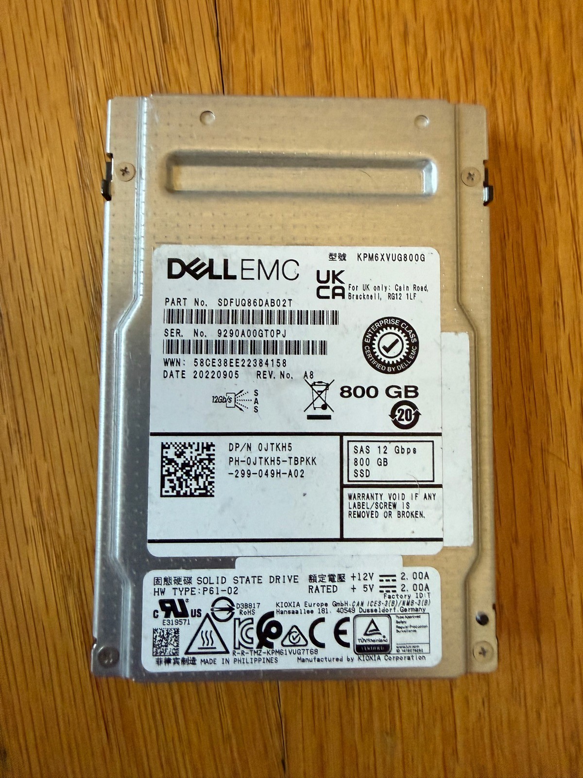 Kioxia PM6-V 800GB 2.5" SAS Enterprise SSD KPM6XVUG800G Dell 0JTKH5