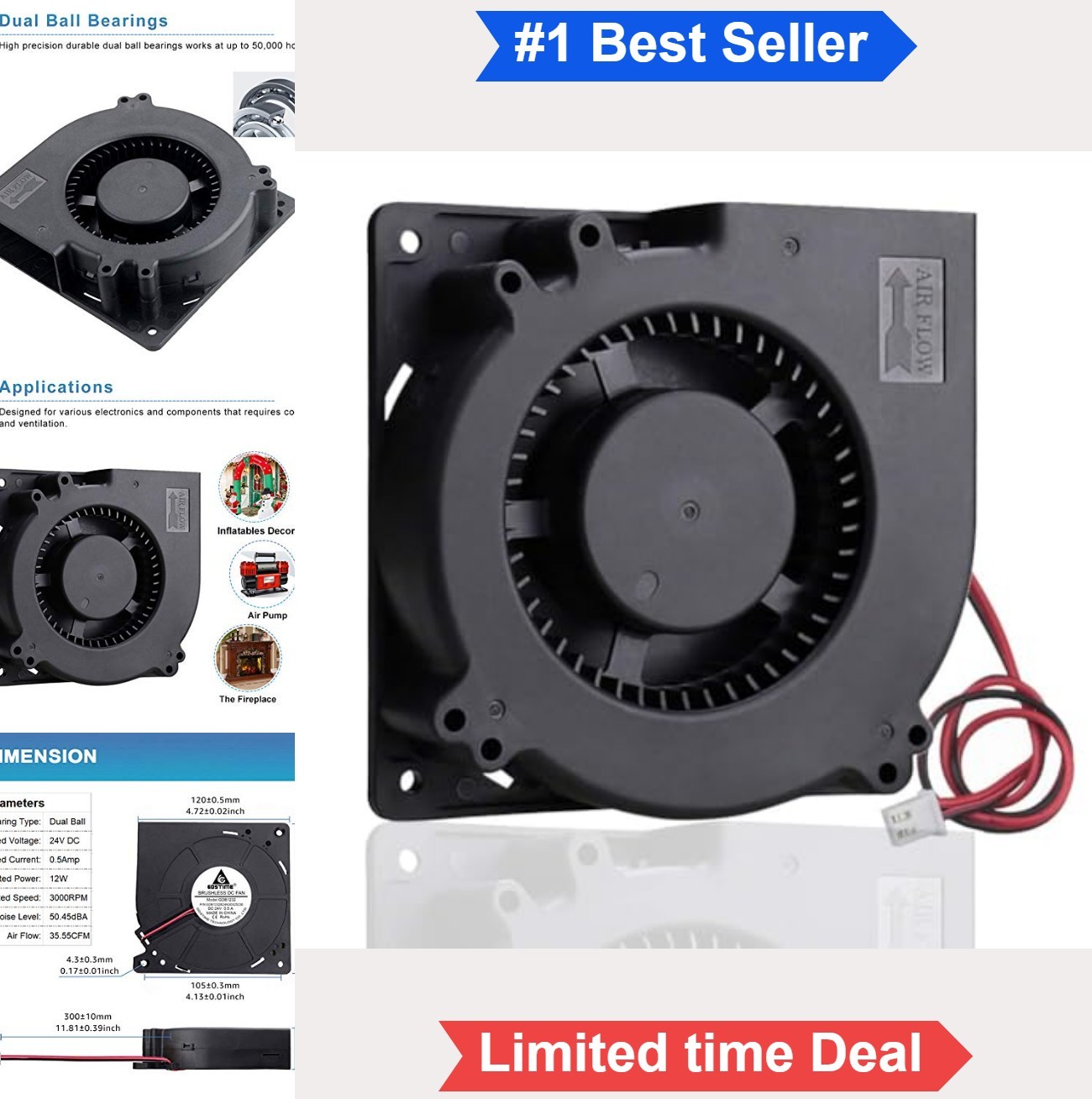 Brushless Radial Blower Fan 24V DC Centrifugal 120mm 32mm 2Pin High Airflow for