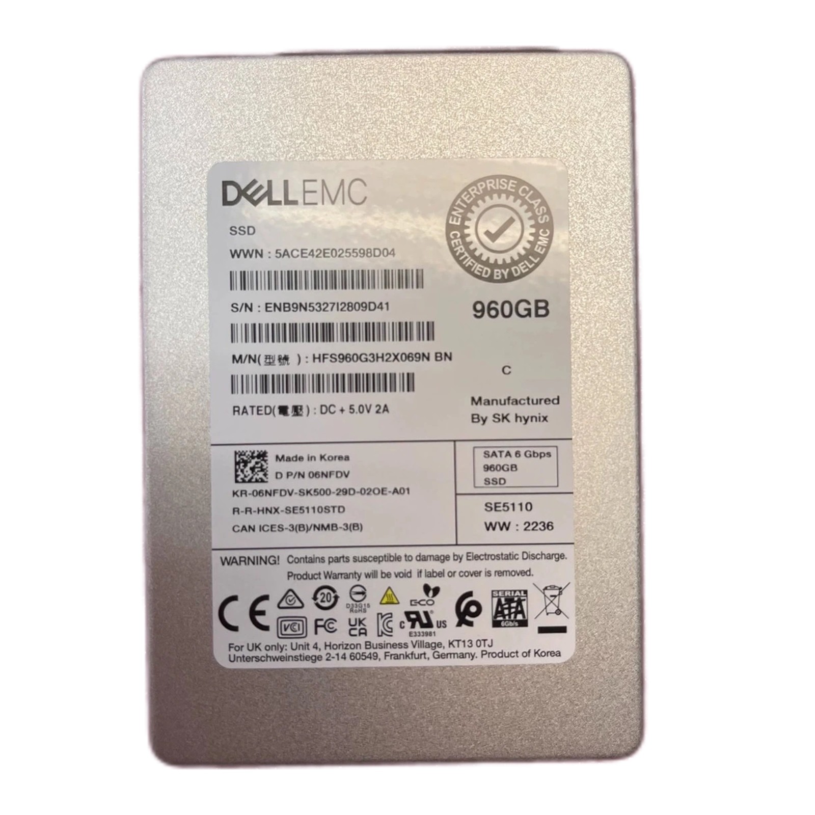 6NFDV 06NFDV DELL EMC 960GB SATA 2.5" 6Gbps HFS960G3H2X069N SSD Gen14 15 16 Tray