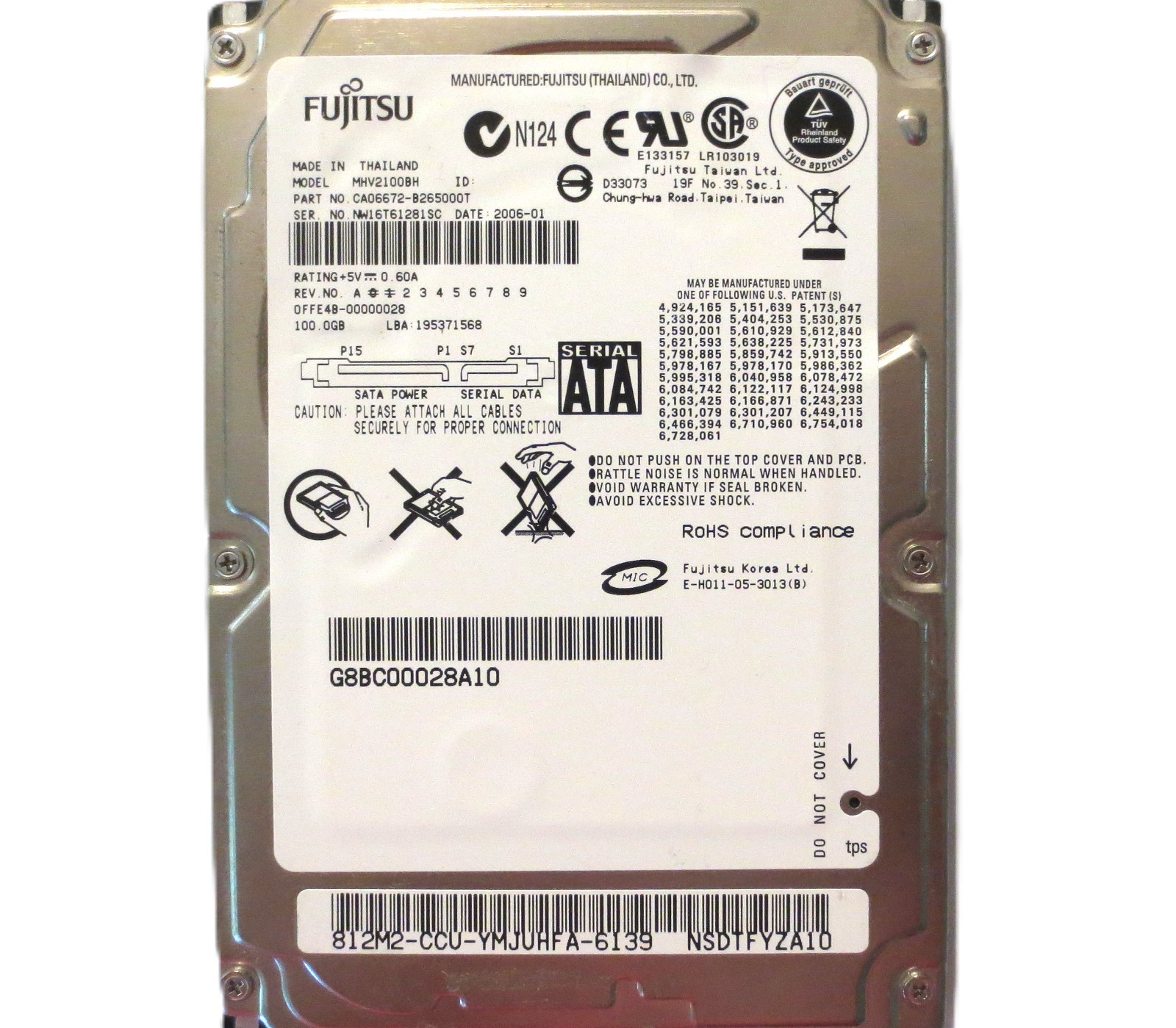 Fujitsu MHV2100BH CA06672-B265000T 00000028 Thailand 2.5" 100gb Sata HDD 2006