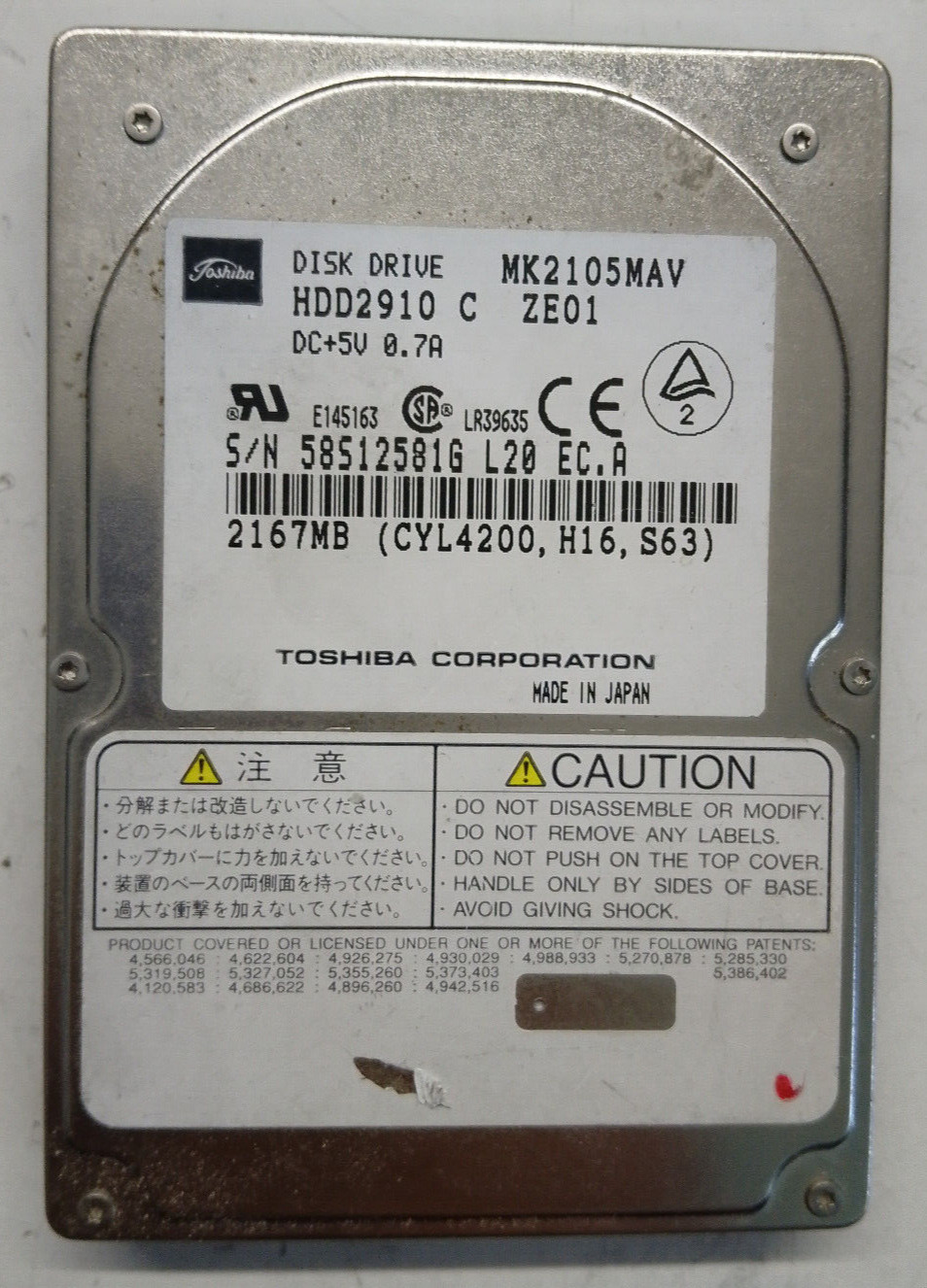Toshiba MK2105MAV 2167MB B3601721 FKN3AB Hard Disk HDD 2.5 IDE PATA