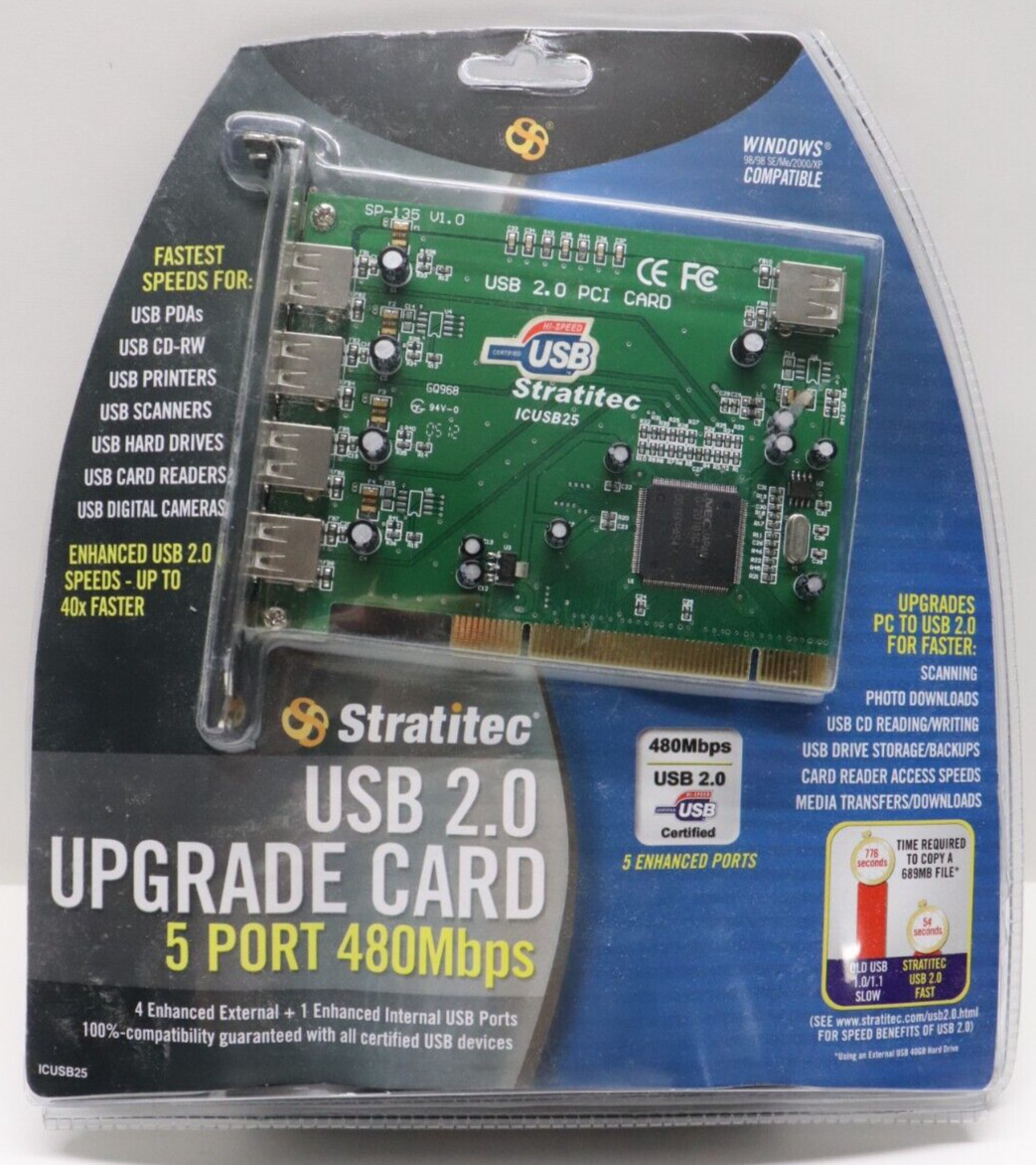 Stratitec USB 2.0 Upgrade Card 5 Port 480Mbps Windows Compatible High Speed