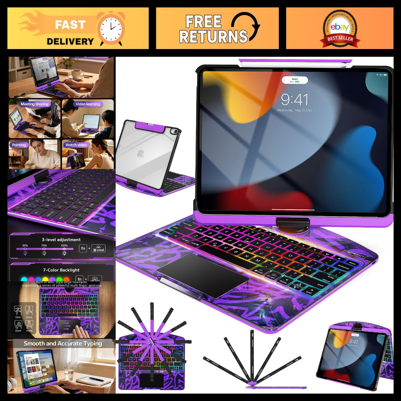 Wireless Keyboard Case for iPad 10.2" - 7-Color Backlit, 360° Rotating Stand, Tr