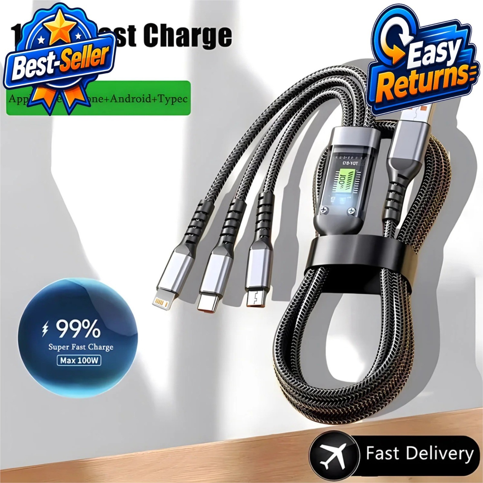 100W 3-in-1 USB Fast Charging Cable Nylon Braided Type-C Micro USB Universal