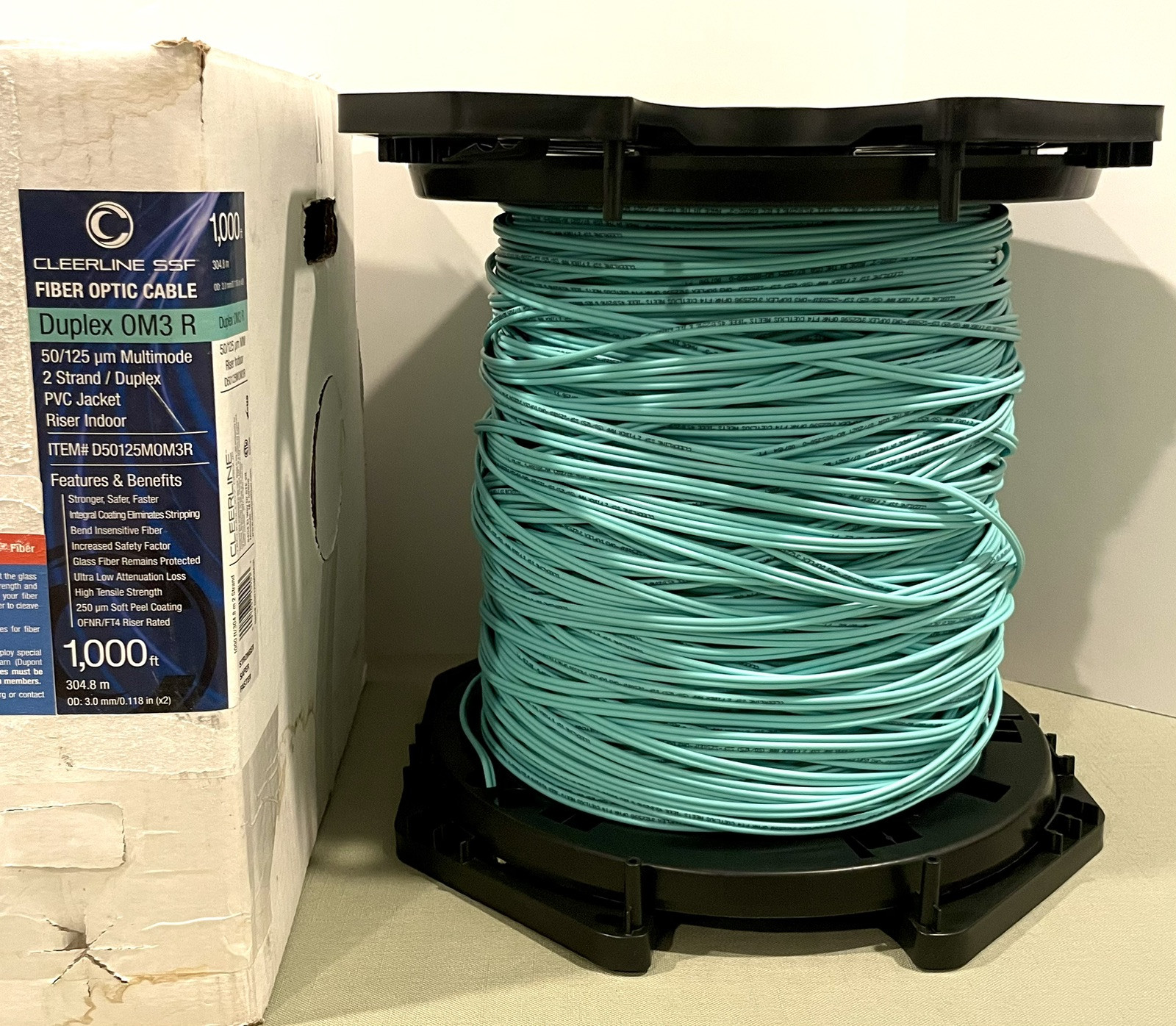 Cleerline SSF Fiber Optic Cable: Teal Duplex OM3 Multimode Indoor Riser (980ft)