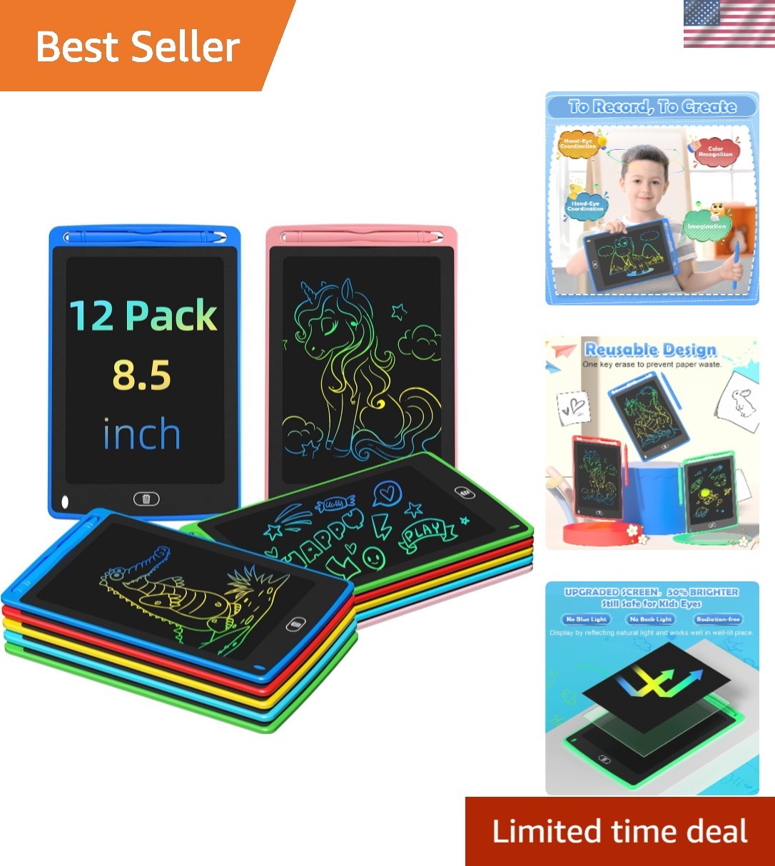 Party Favor 12 Pack LCD Writing Tablet for Kids, 8.5 Inch Colorful Drawing Do...
