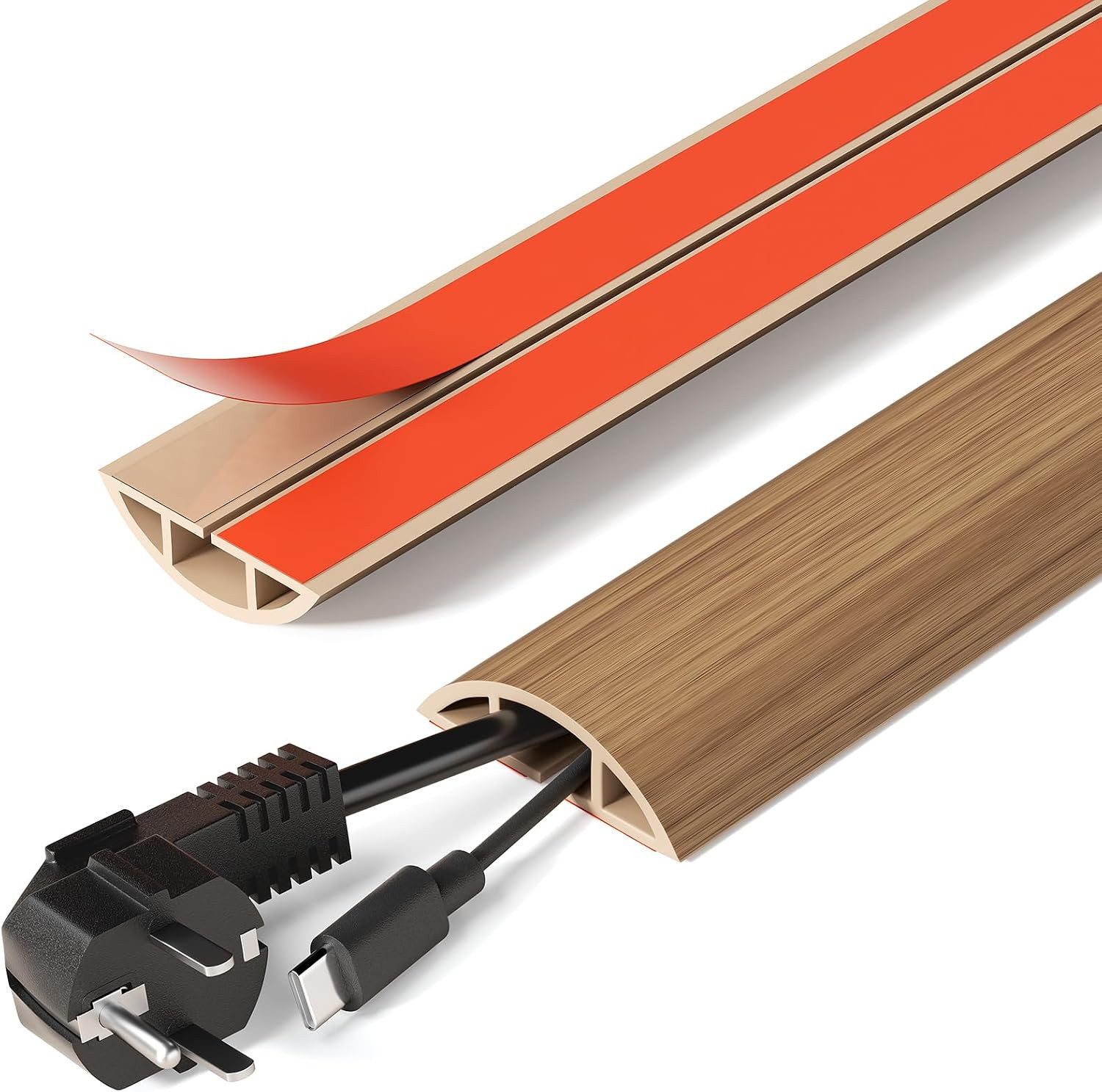 5Ft Self-Adhesive Floor Cord Cover, 1.2''W Cord Hider, Brownwood