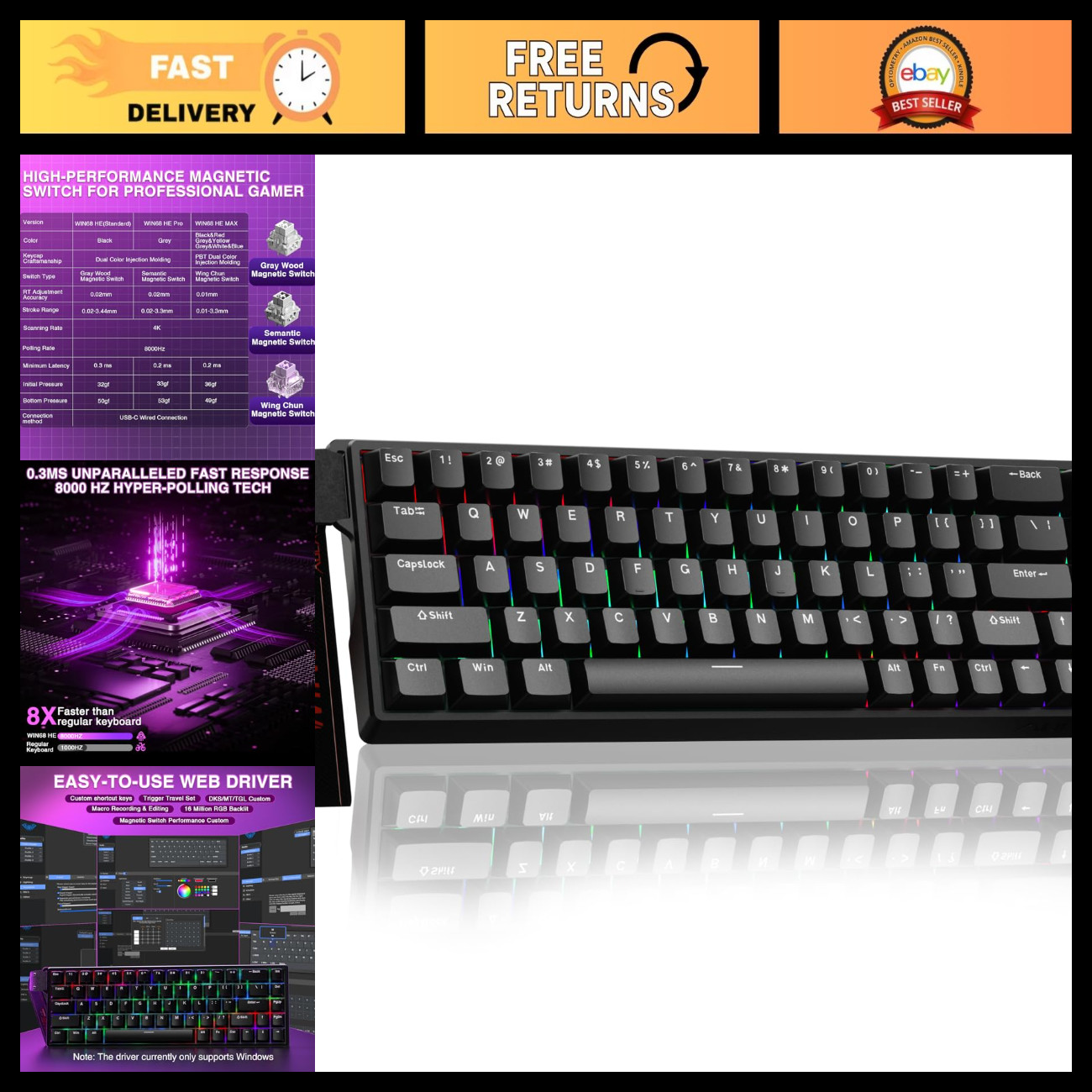 60% Mechanical Gaming Keyboard, Hall Effect Switch, RGB Backlit, 8000Hz Polling