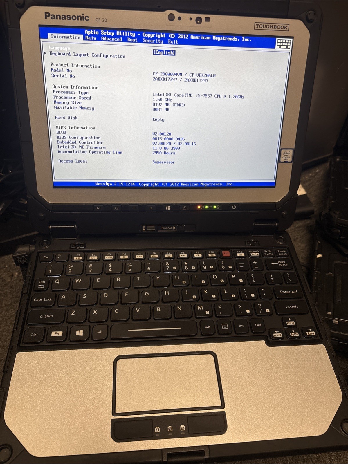 Panasonic Toughbook CF-20 i5-7Y57 1.2GHz  8GB Ram No Hard Drive 2950 Hours